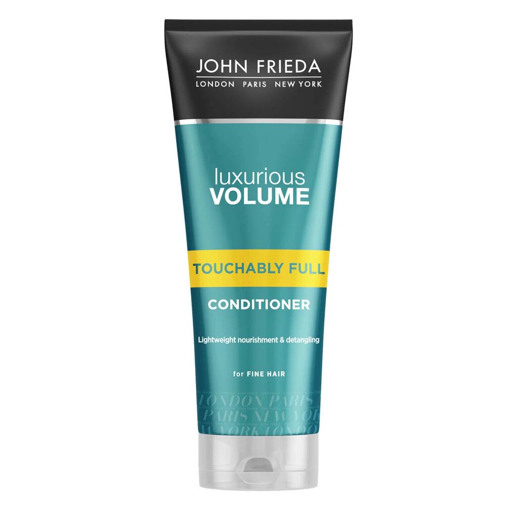 John Frieda Conditioner-Tube. Luxuriöses Volumen, Touchably Full. Für feines Haar. Grün-weißes Design mit schwarzem Deckel.