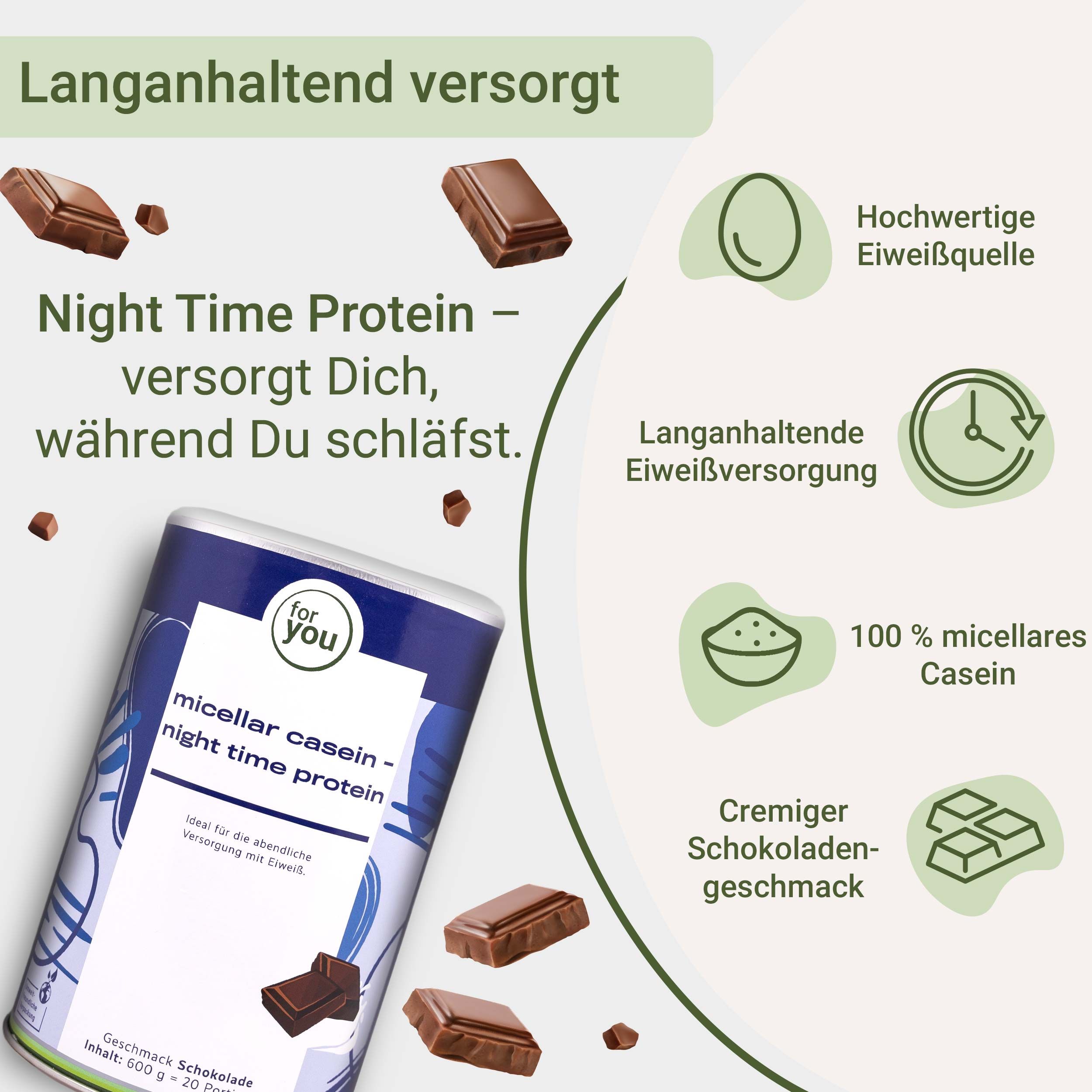 Dose Micellar Casein Night Time Protein, umgeben von Schokoladenstücken, mit Icons.