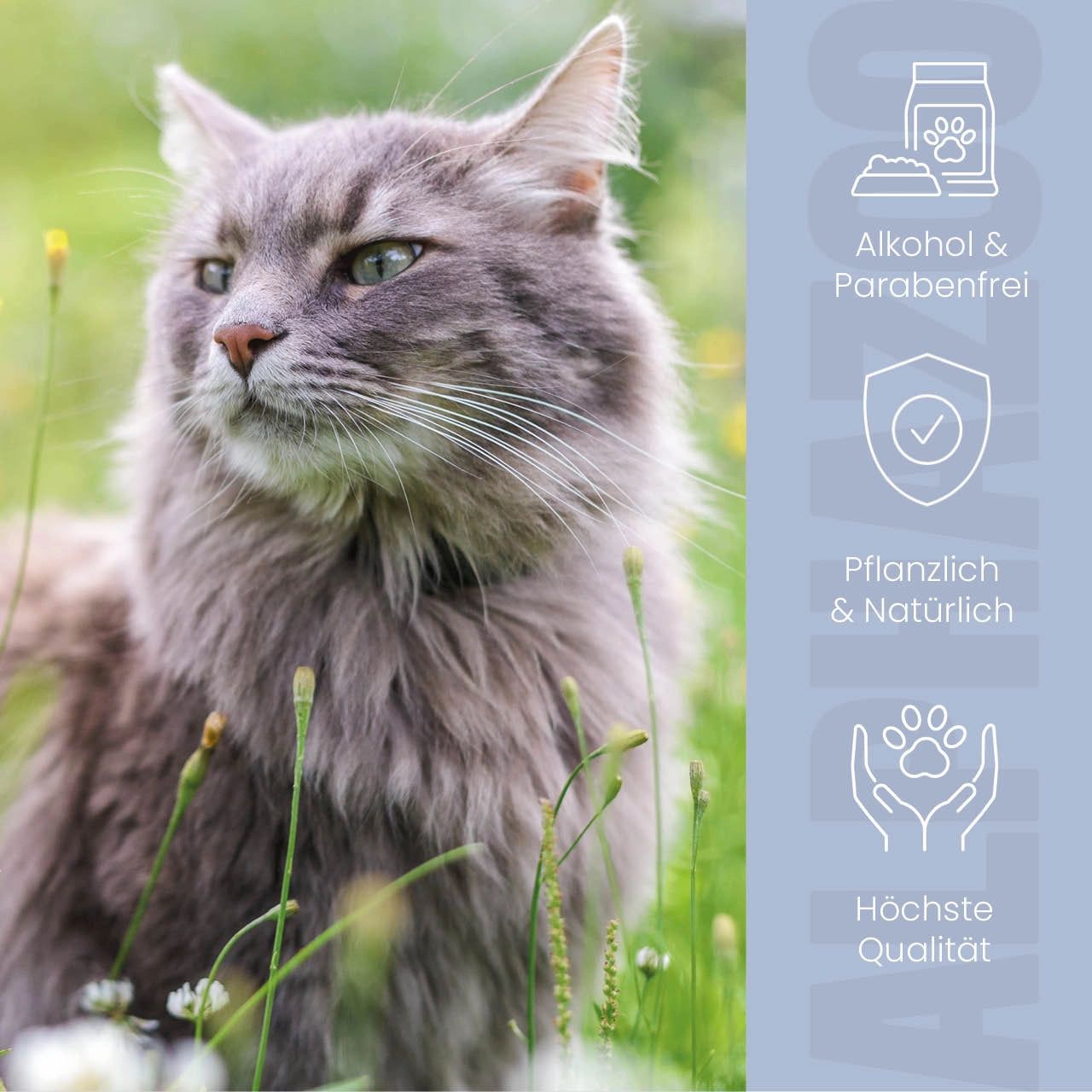 Graue Katze im Gras. Text: Alkohol & Parabenfrei, Pflanzlich & Natürlich, Höchste Qualität.