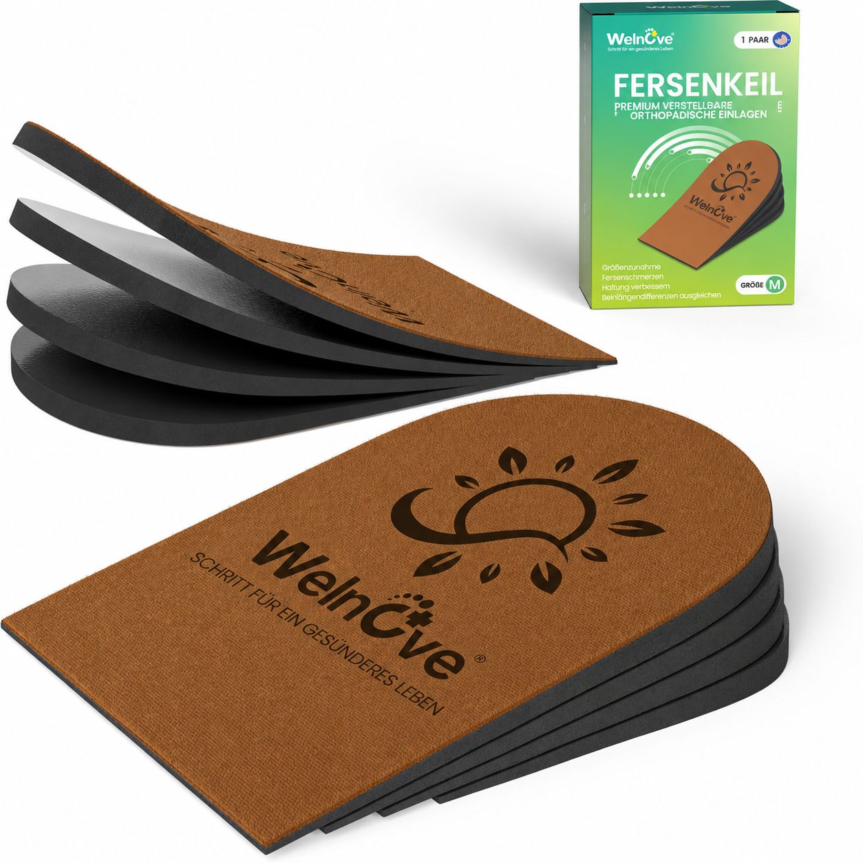 Ein Paar höhenverstellbare Fersenkissen aus Gummi mit brauner Oberseite und schwarzer Unterseite.