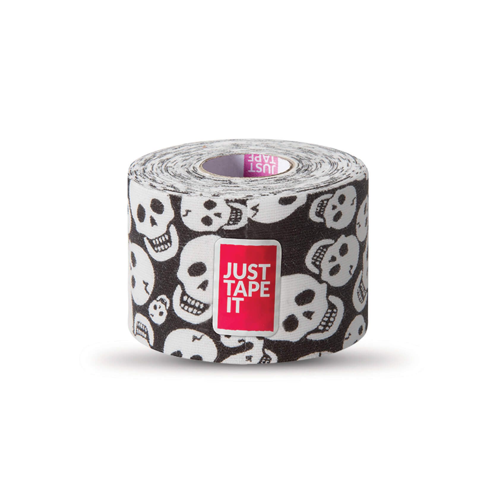 Kinesiotape mit Totenkopfmuster, auf einer Rolle, mit "JUST TAPE IT"-Logo.