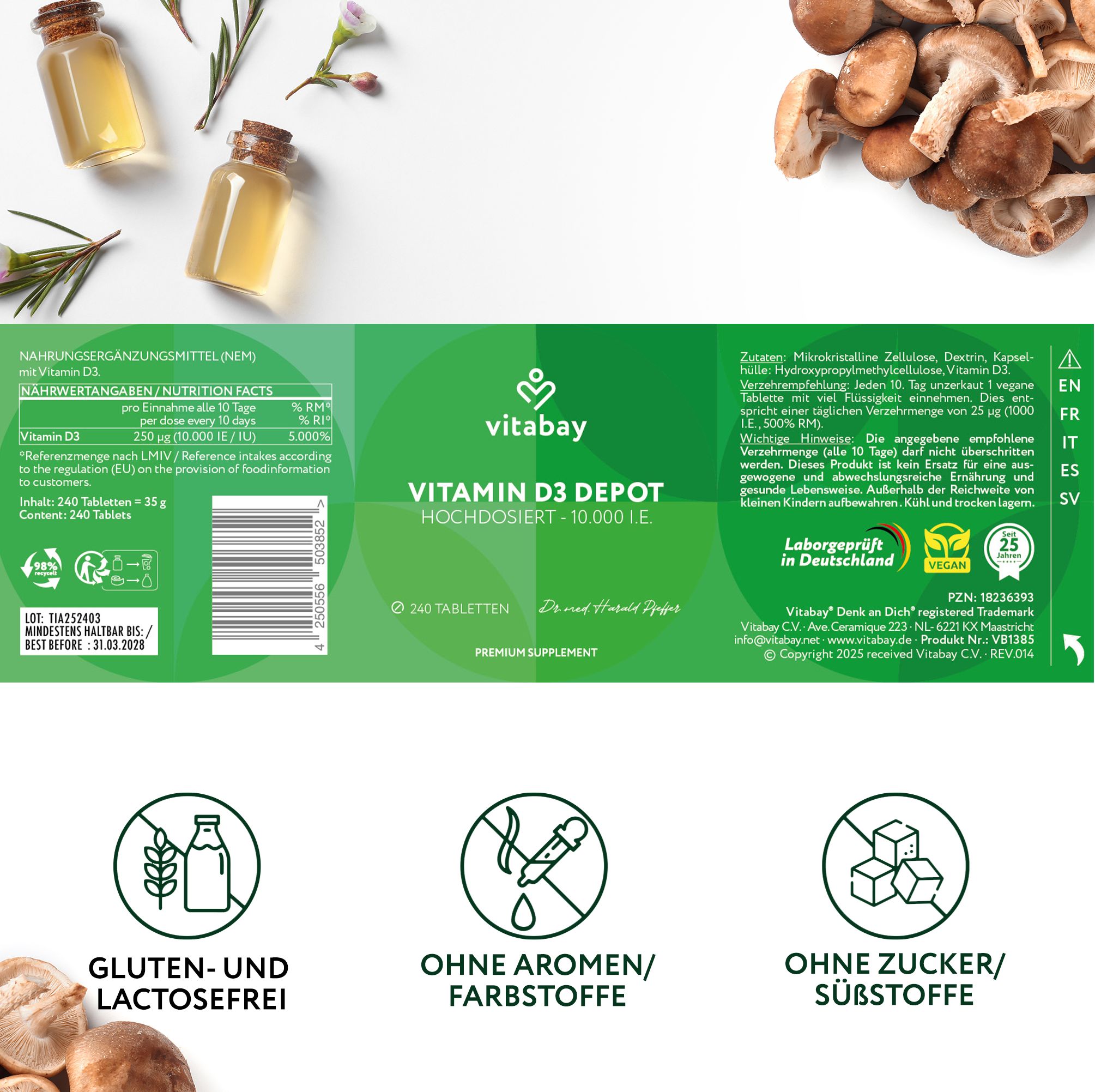 Rückseite der Vitabay Vitamin D3 Depot 10.000 I.E. Tabletten Verpackung. Enthält Produktinformationen und Zertifizierungen.