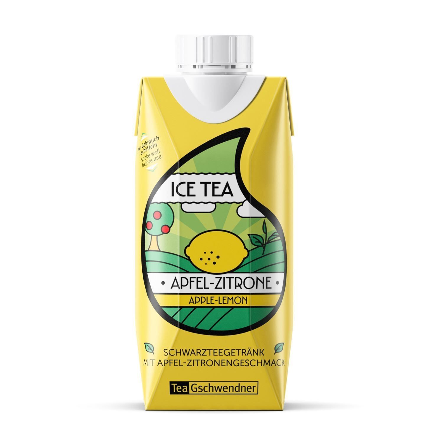 Gelbe Getränkepackung mit Aufdruck. Enthält Ice Tea Apfel-Zitrone. Aufschrift: Ice Tea, Apfel-Zitrone, Apple-Lemon. Marke: Tea Gschwendner.