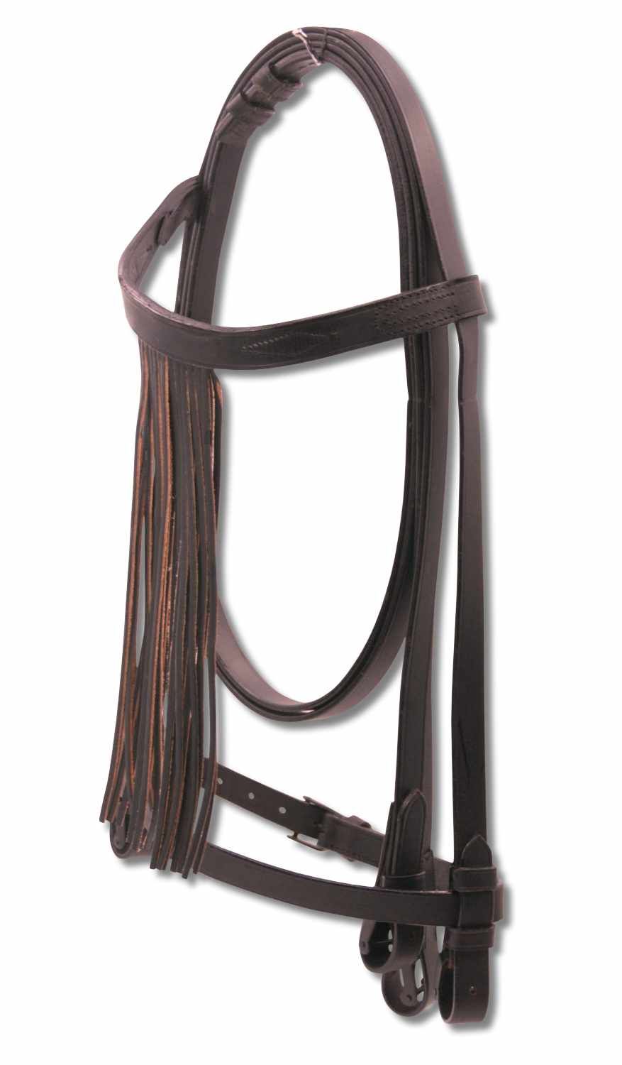 Schwarze Trense mit Lederriemen und Zierfransen.