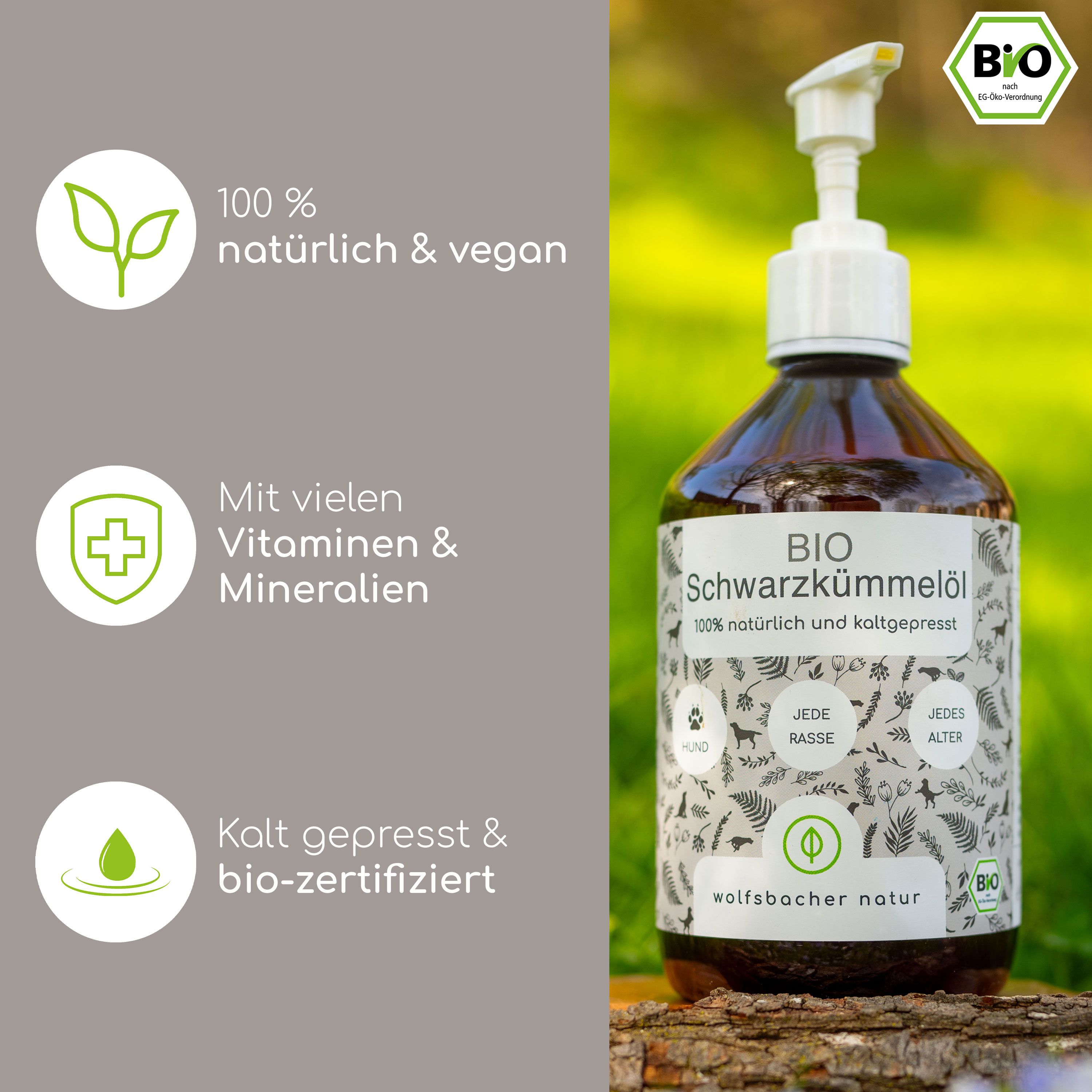 Flasche BIO SCHWARZKÜMMELÖL mit Text: 100% natürlich & vegan, Mit vielen Vitaminen & Mineralien, Kalt gepresst & bio-zertifiziert. Bio-Siegel.