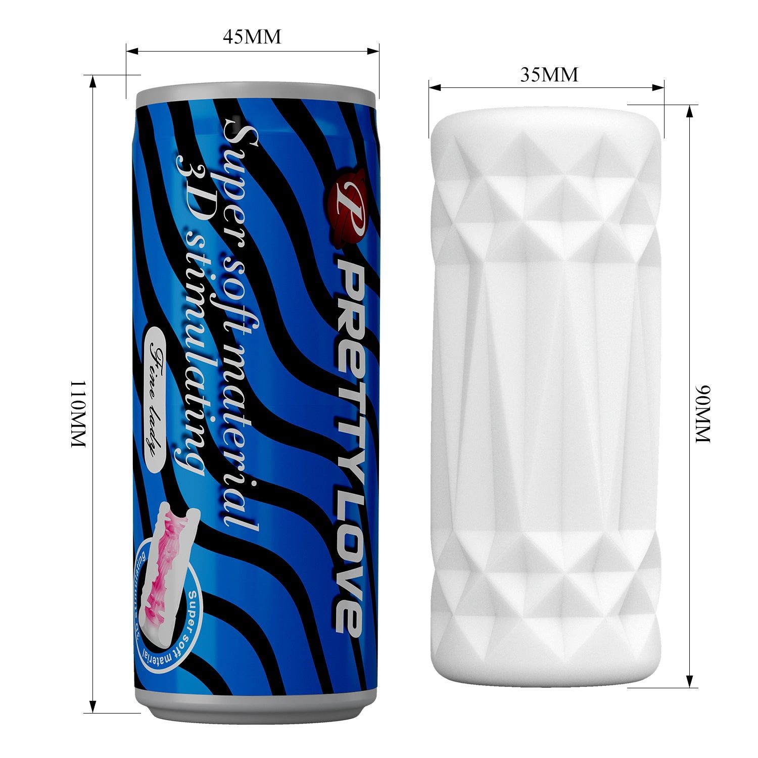 Zylindrisches Produkt mit geometrischer Oberfläche und Dose mit Text. Abmessungen: 90x35mm, 110x45mm.