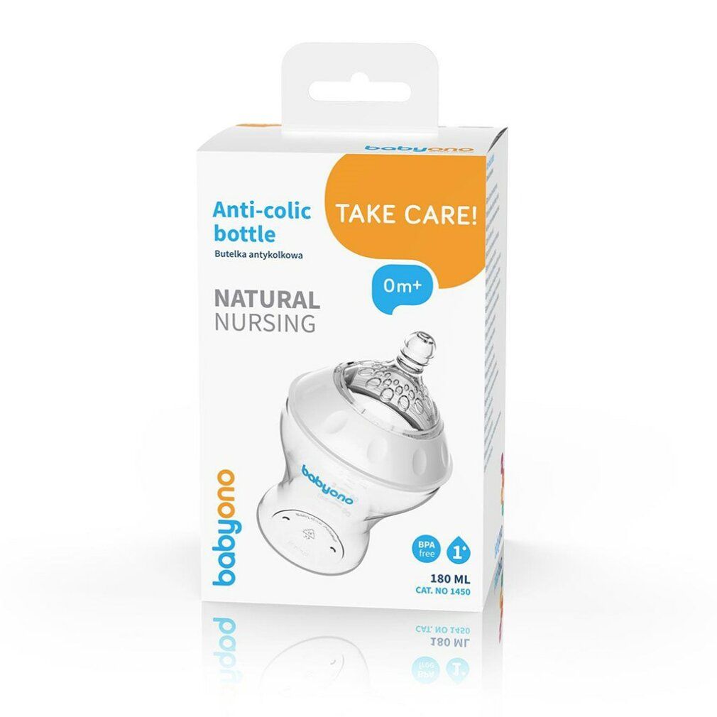 Verpackung für Babyflasche. Aufschrift: Anti-colic bottle, Natural Nursing, 0m+. Flasche abgebildet.
