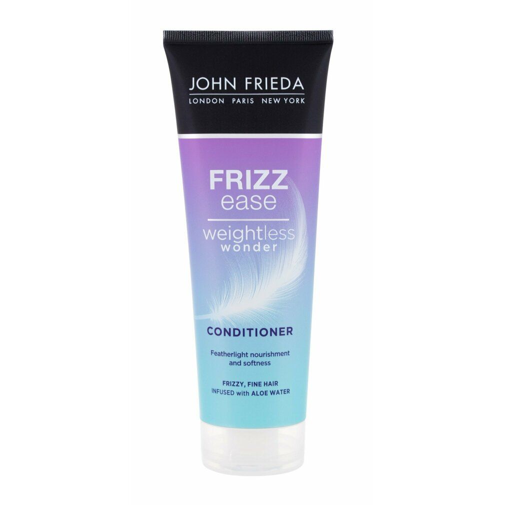 John Frieda Frizz Ease Conditioner Tube. Lila-blaues Design mit Text: Frizz Ease, Weightless Wonder, Conditioner. Für feines, krauses Haar.