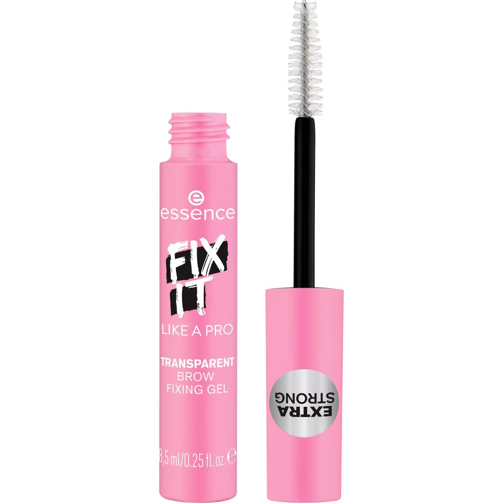 Geöffnete rosa Augenbrauengel-Tube mit Bürste. Aufkleber "EXTRA STRONG". Text: "essence", "FIX IT LIKE A PRO", "TRANSPARENT BROW FIXING GEL".