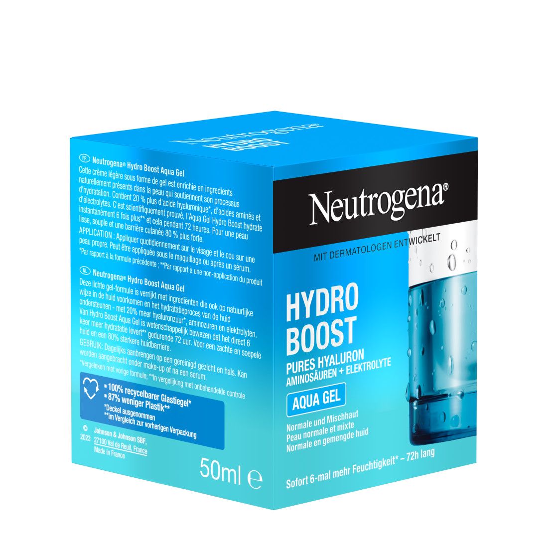 Neutrogena Hydro Boost Aqua Gel Verpackung. Blaue Schachtel mit Produktabbildung. Text: Hydro Boost, Aqua Gel, 50ml.