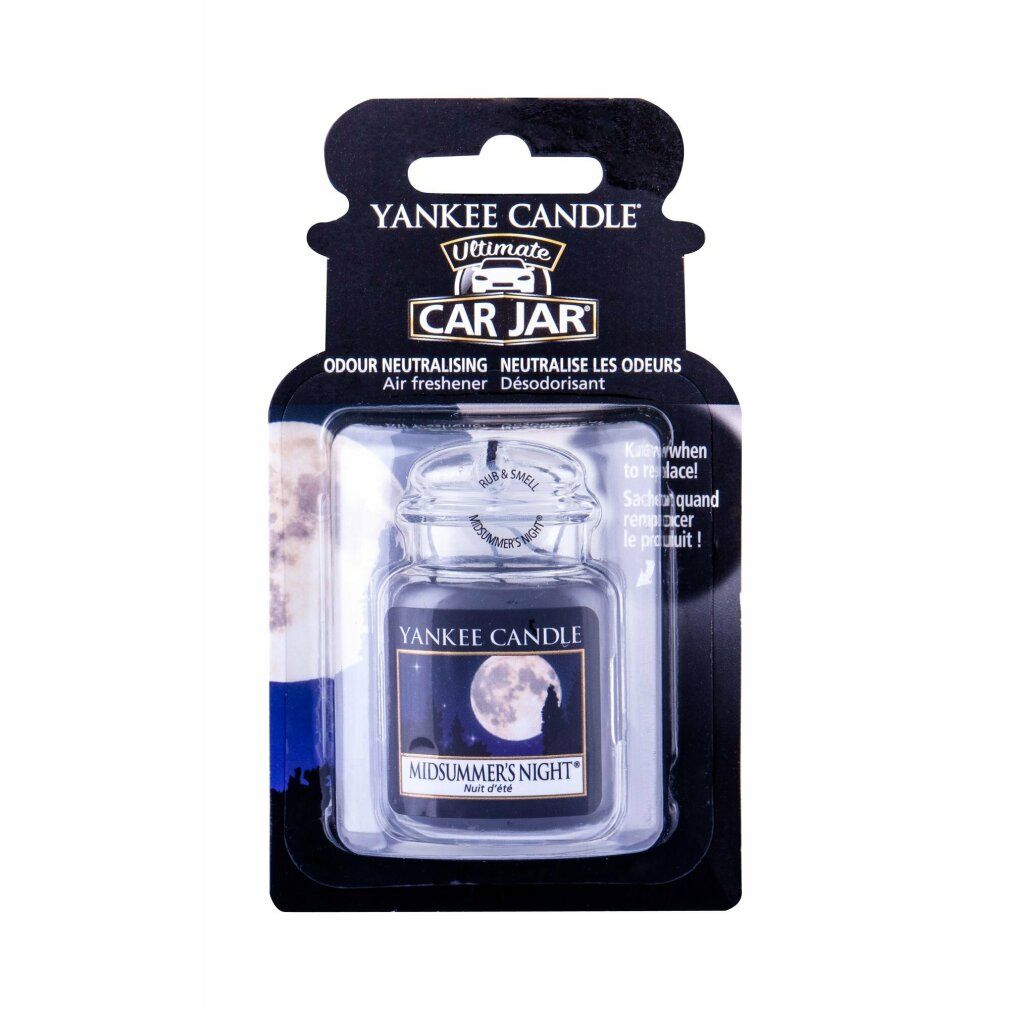 Lufterfrischer im Glasbehälter mit Aufhängung. Verpackt in Blisterverpackung. Aufschrift: Yankee Candle, Car Jar, Midsummers Night.