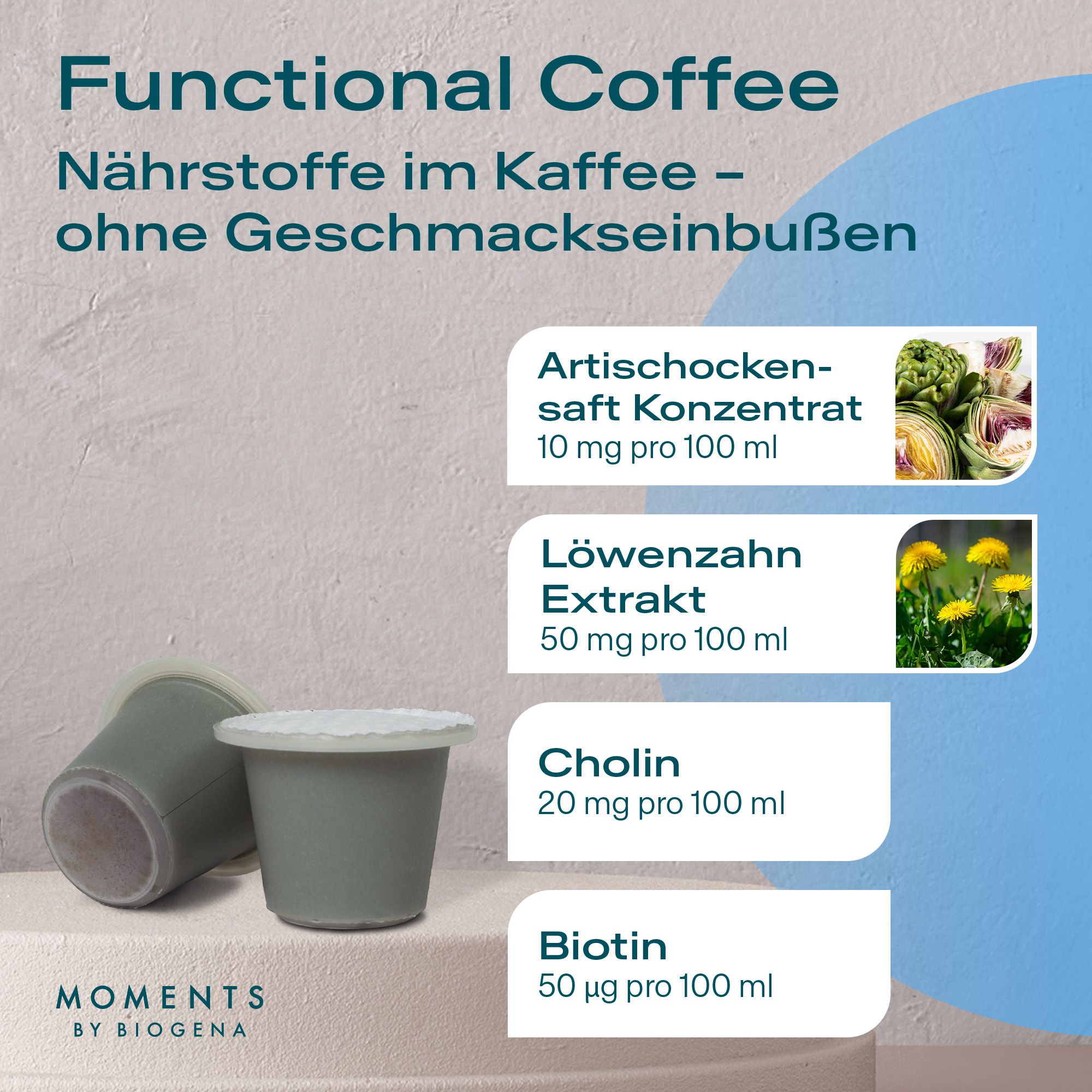 Zwei grüne Kaffeekapseln neben Informationen zu Inhaltsstoffen: Artischocke, Löwenzahn, Cholin, Biotin.