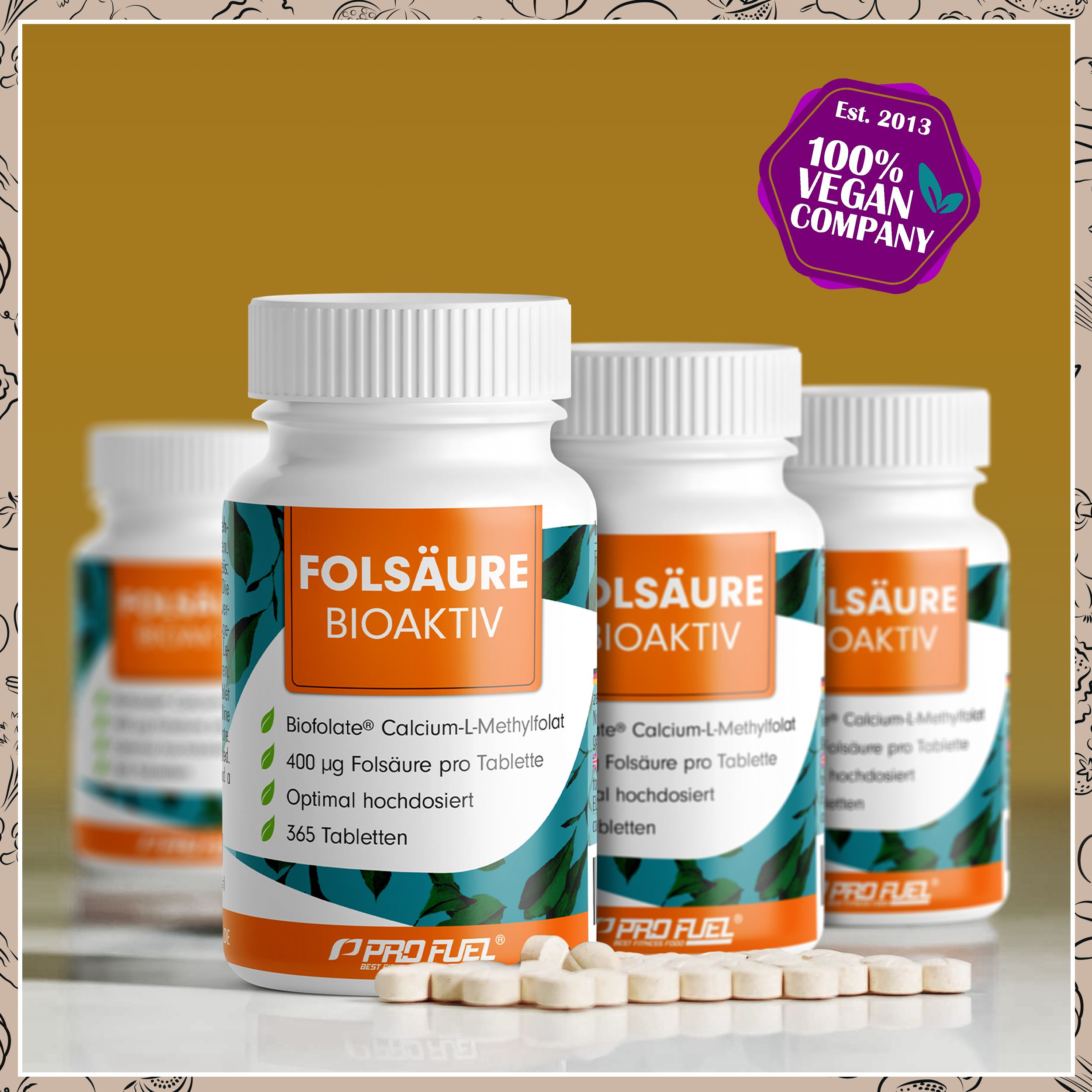 Mehrere Flaschen Folsäure BIOAKTIV Tabletten. Tabletten liegen davor. Vegan-Siegel und Produktinformationen.