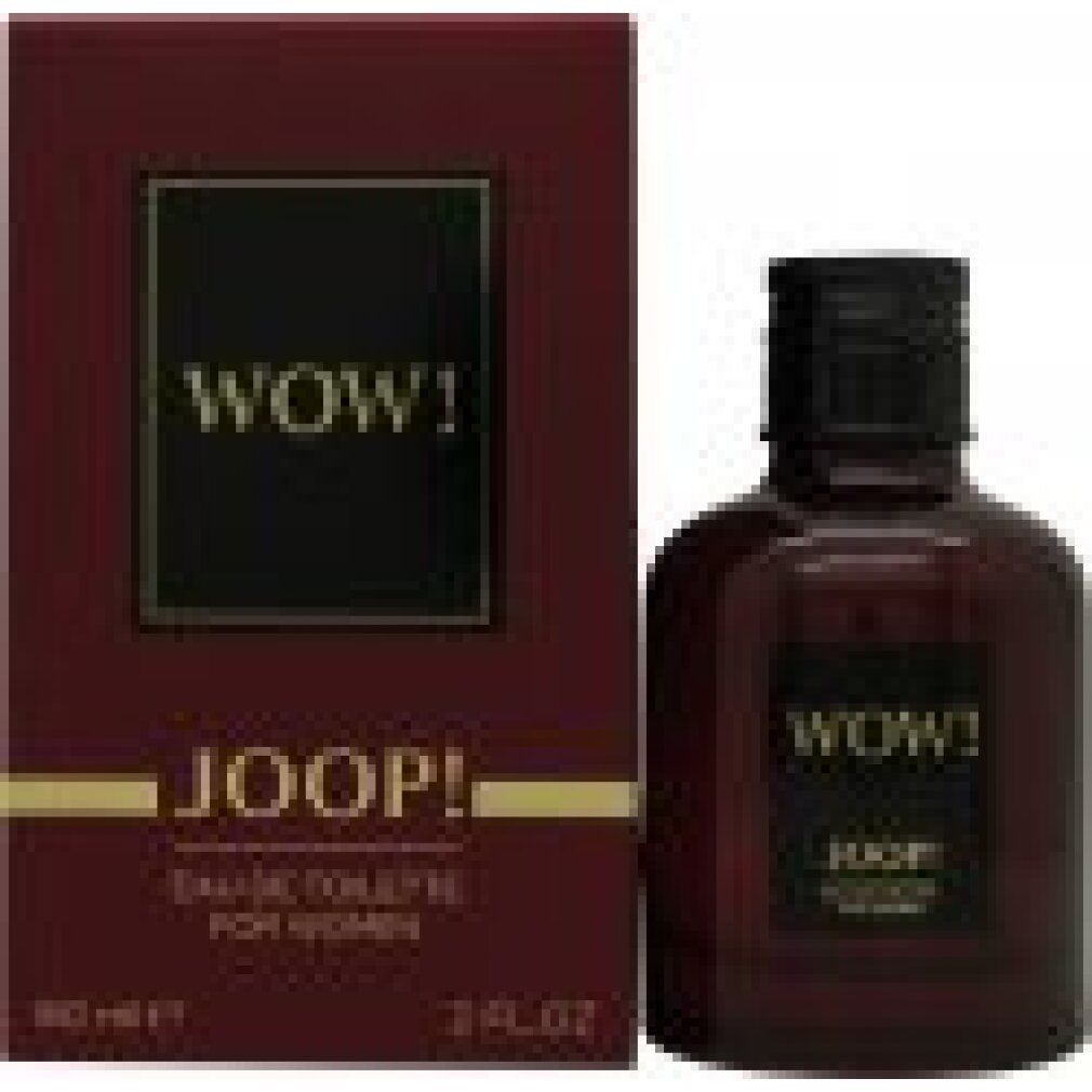 Dunkelroter Flakon und Verpackung. Schwarzes Etikett mit "WOW!" und "JOOP!". EdT für Damen. Goldene Schrift.