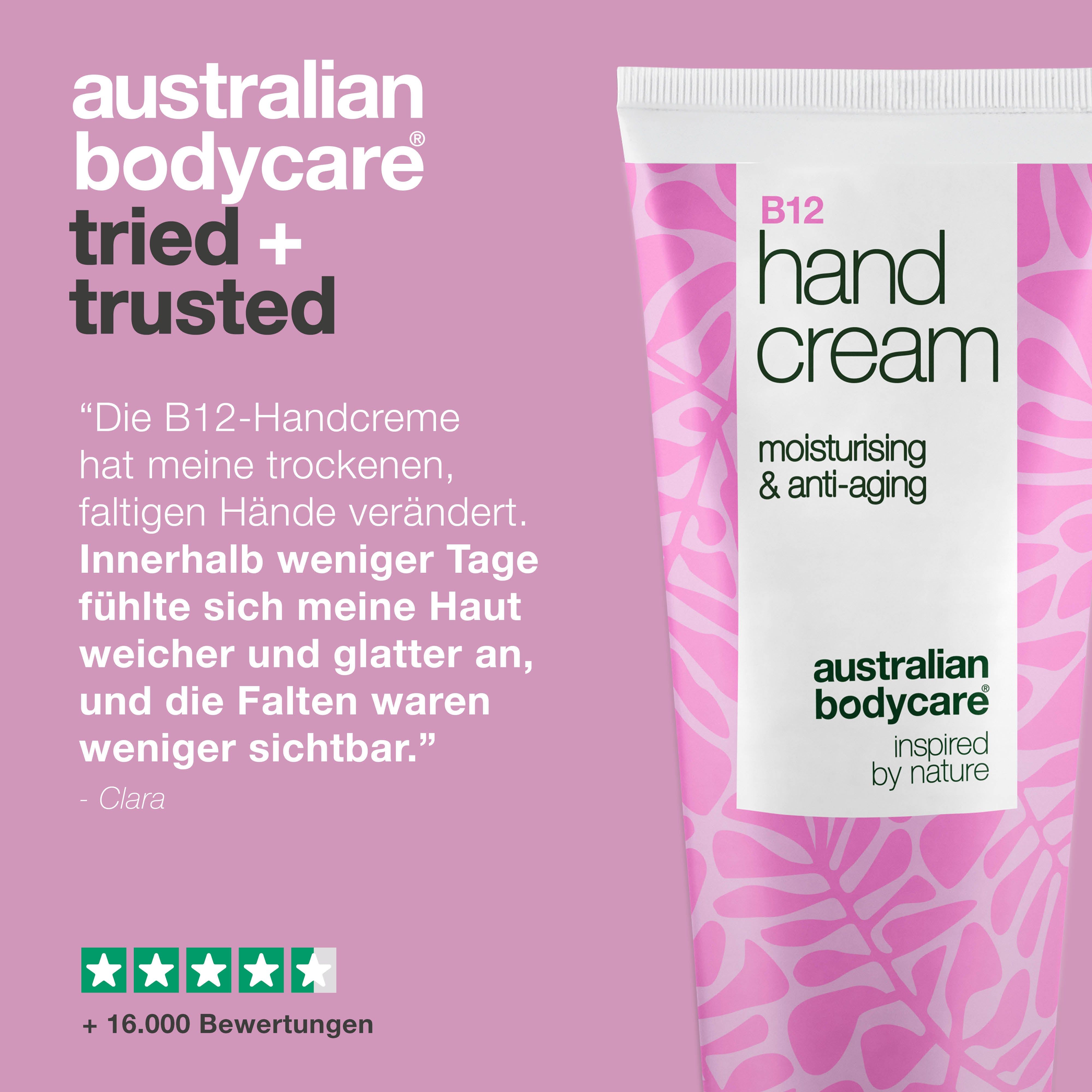 Tube Handcreme, rosa Muster, Text: B12 Hand Cream, Australian Bodycare. Text: Tried + Trusted. Sterne-Bewertung.