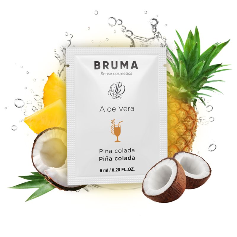Weißes Beutel mit "Bruma Aloe Vera Pina Colada", umgeben von Ananas, Kokosnuss und Wasser.