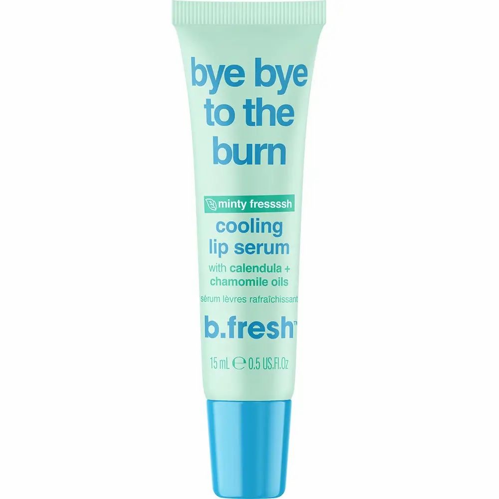 Hellgrüne Tube mit blauem Verschluss. Aufschrift: Bye Bye to the Burn, Cooling Lip Serum. Marke: b.fresh.