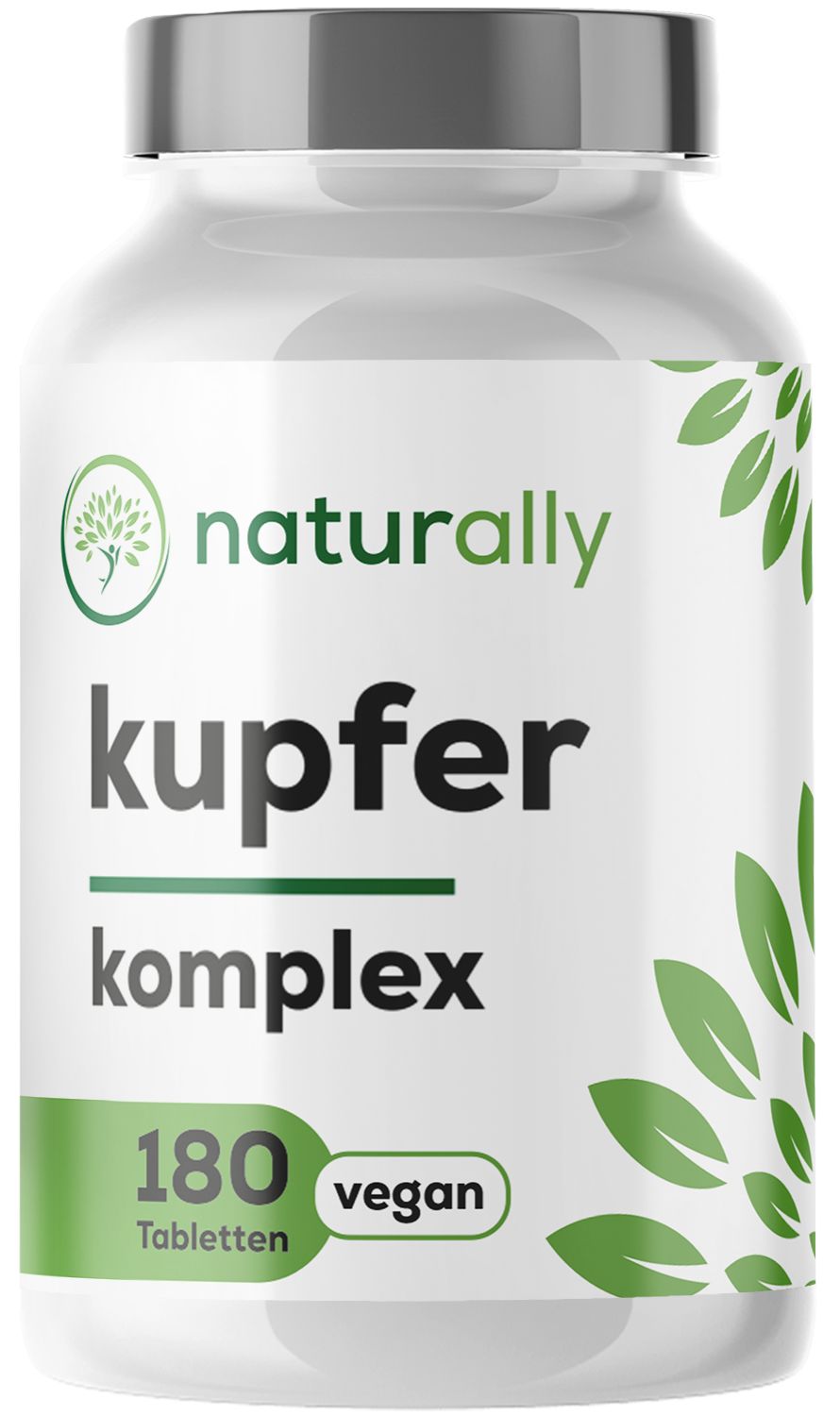 Weißes Tabletten-Glas mit Etikett: naturally Kupfer Komplex, 180 vegane Tabletten. Grün-weißes Design.