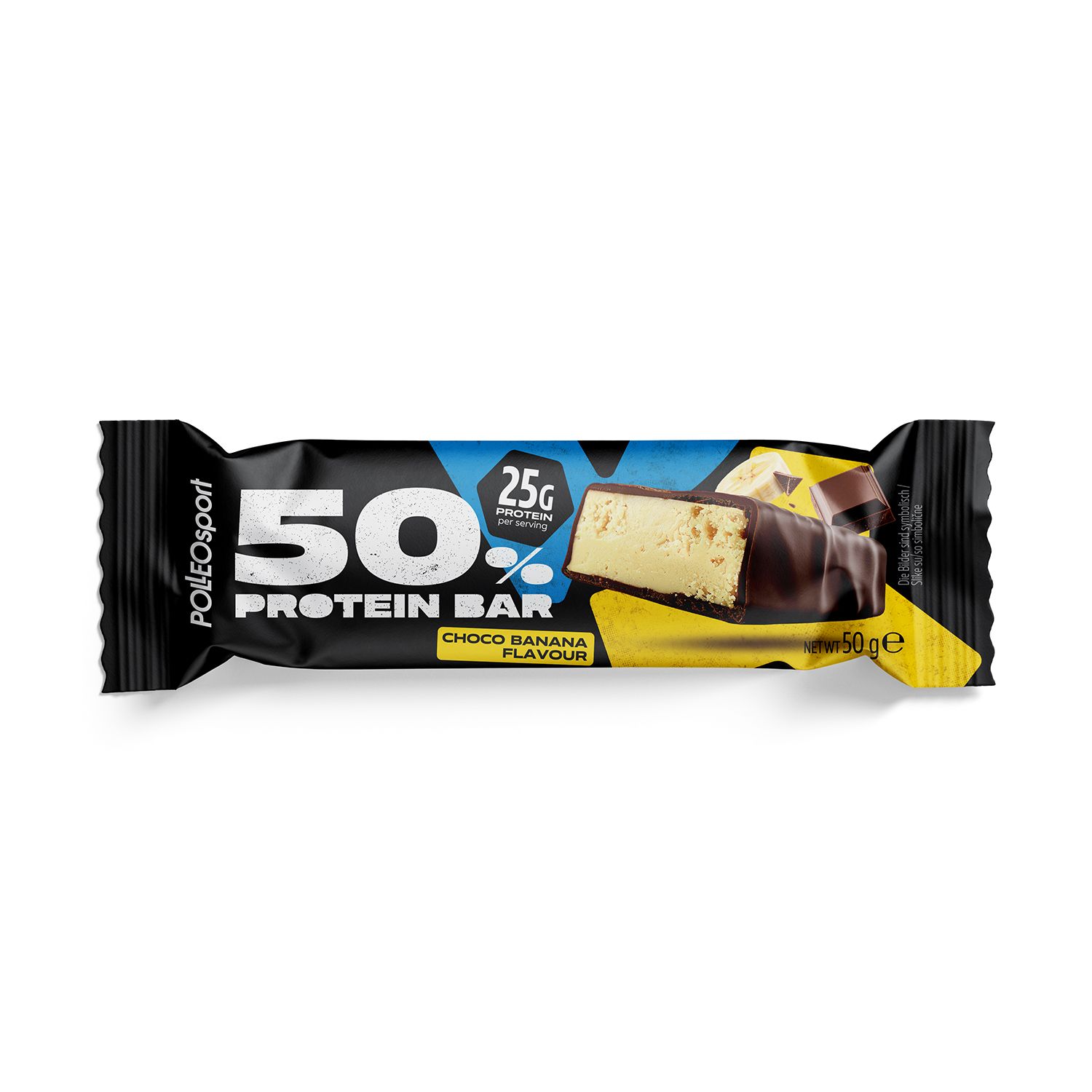 Proteinriegel mit Schoko-Banane-Geschmack. Schwarze Verpackung mit Produktangaben und Ansicht des Riegels. 50% Protein.