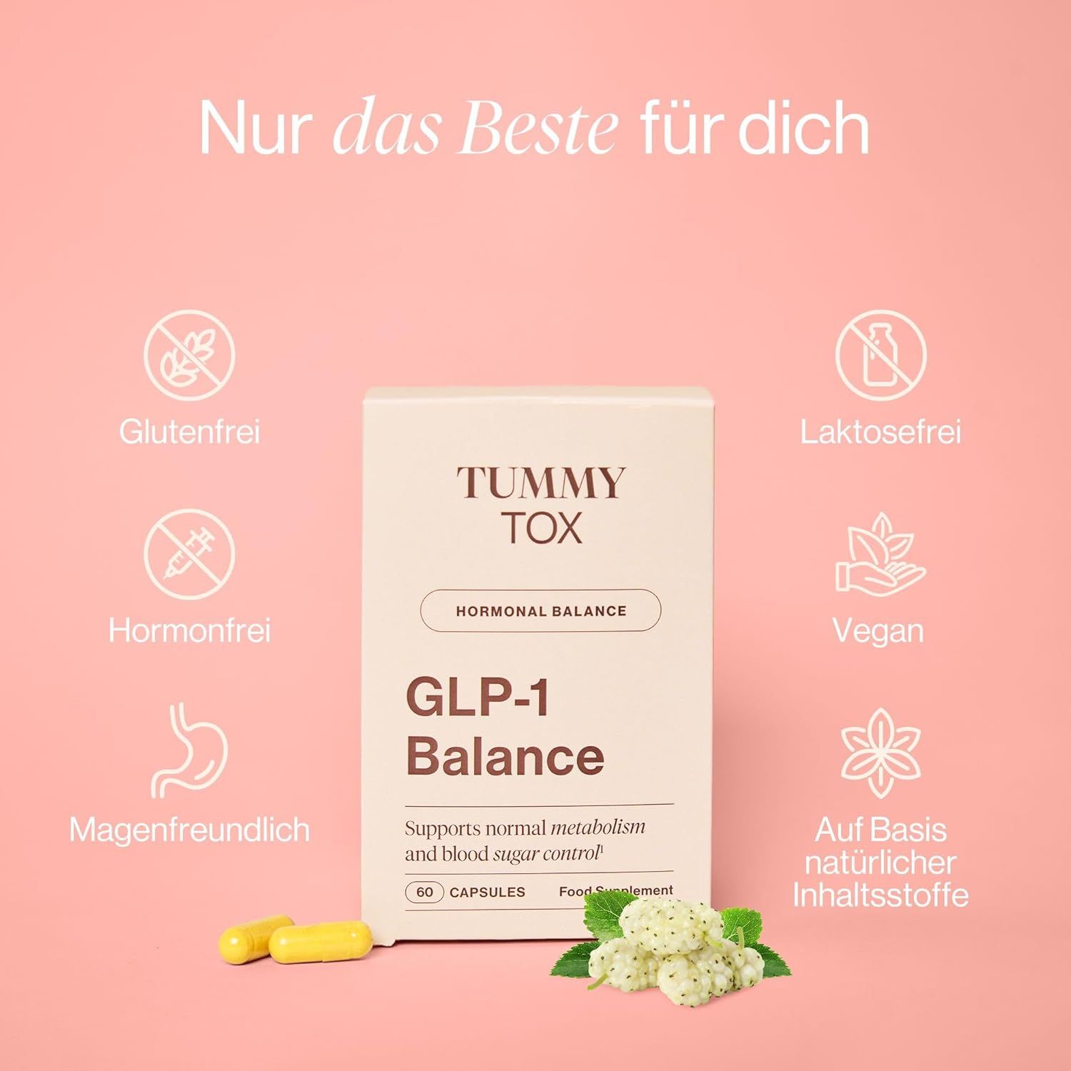 Produktverpackung Tummy Tox GLP-1 Balance. Text: Nur das Beste für dich. Symbole: Glutenfrei, Hormonfrei, Magenfreundlich, Vegan, Laktosefrei, Natürliche Inhaltsstoffe.