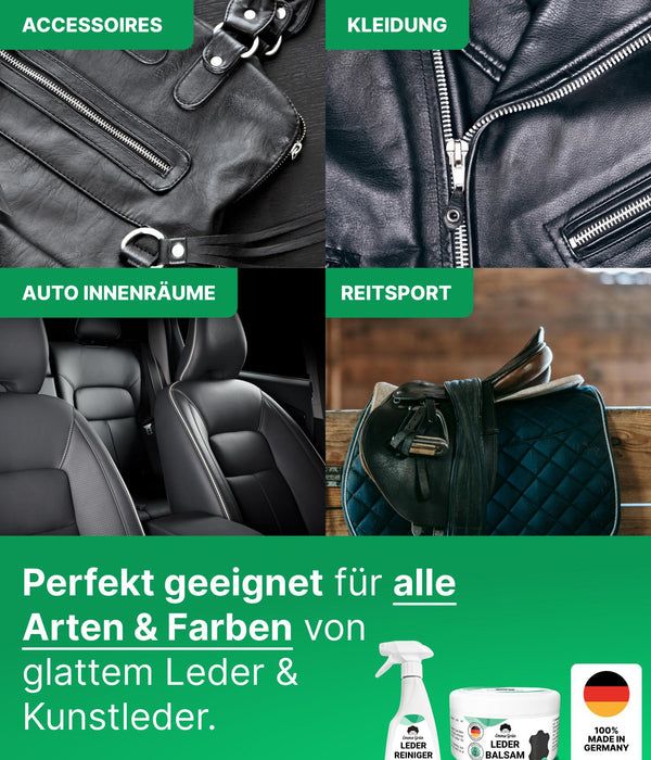 Produkt-Anwendungsbeispiele: Lederjacken, Taschen, Autoinnenräume, Reitsport. Mit Reiniger und Balsam.