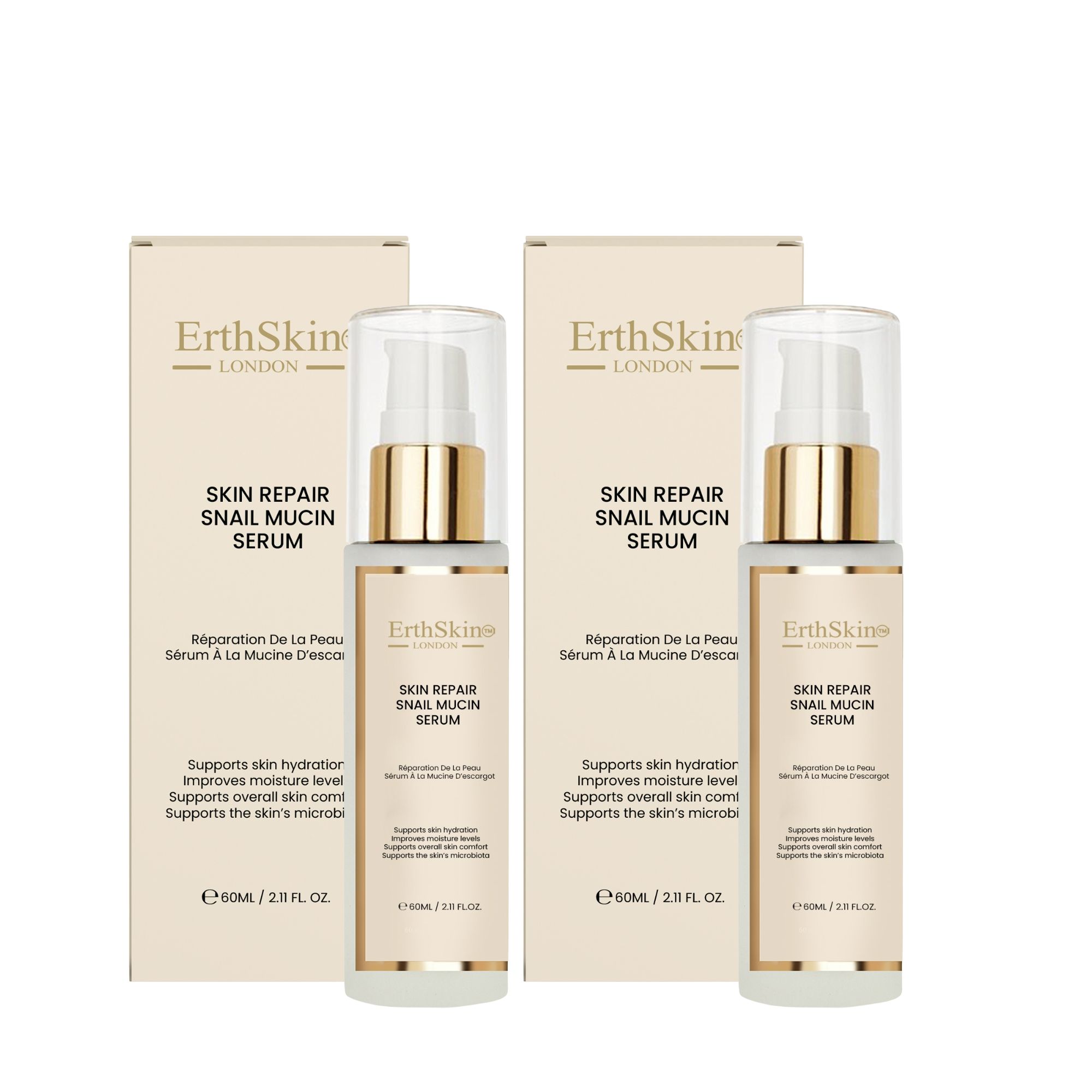 Zwei Flaschen ErthSkin London Schneckenserum zur Hautreparatur mit Pumpaufsatz und Verpackung.