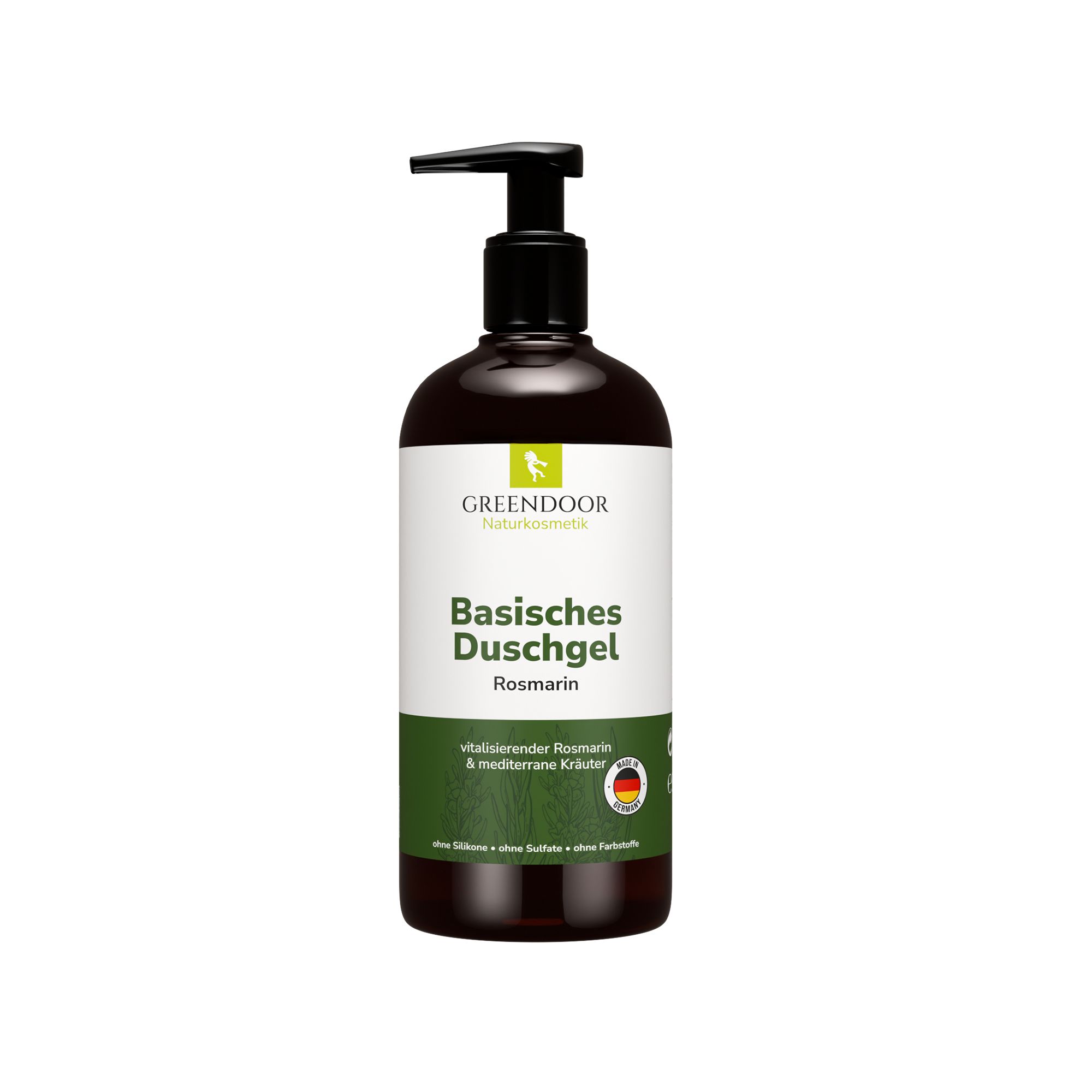 GREENDOOR Basisches Duschgel Rosmarin in dunkler Spenderflasche.