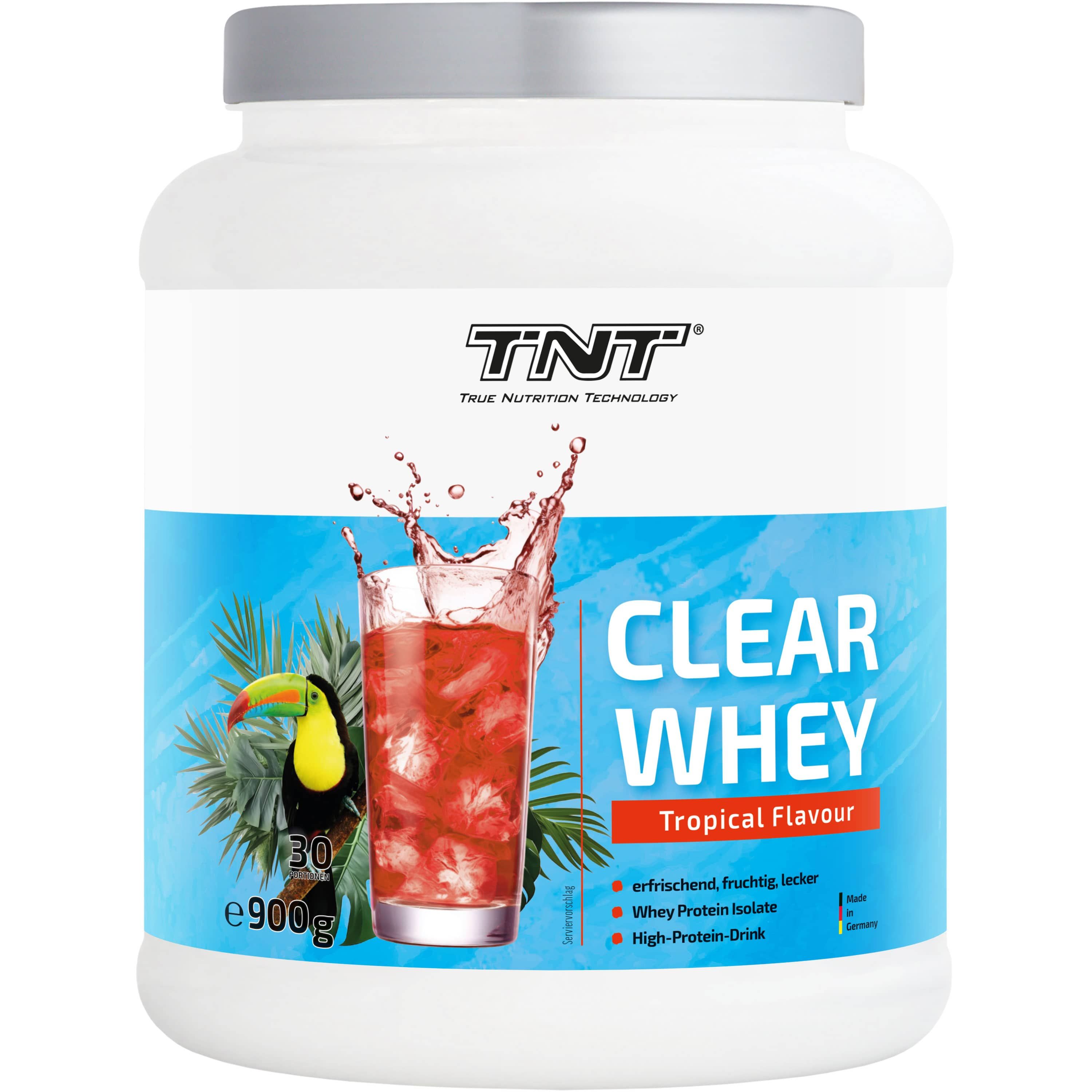 Weiße Dose mit TNT Clear Whey. Aufdruck: Glas mit Getränk, Papagei, Text. 900g. Deckel silberfarben.