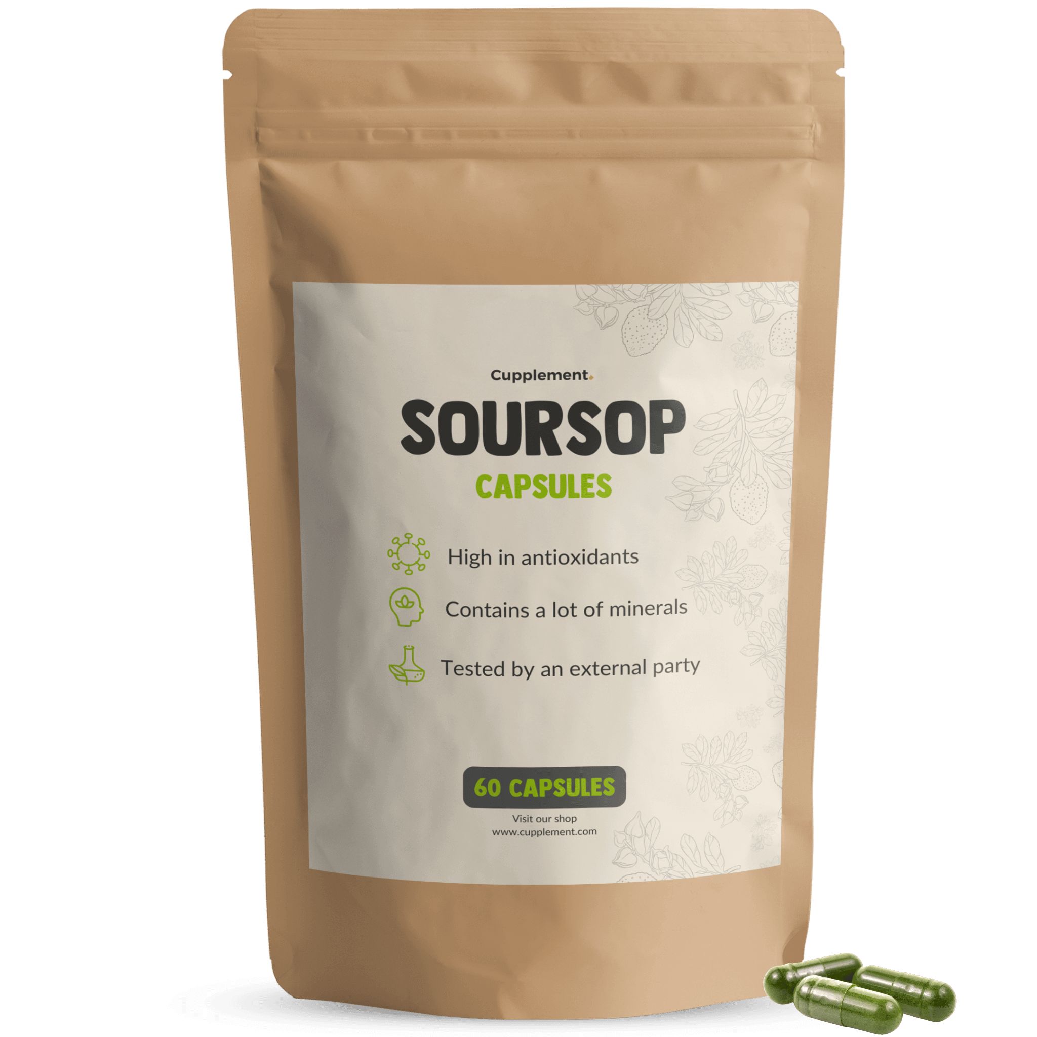 Beutel mit Soursop-Kapseln. Aufschrift: Soursop Capsules, 60 Kapseln. Enthält Antioxidantien und Mineralien.