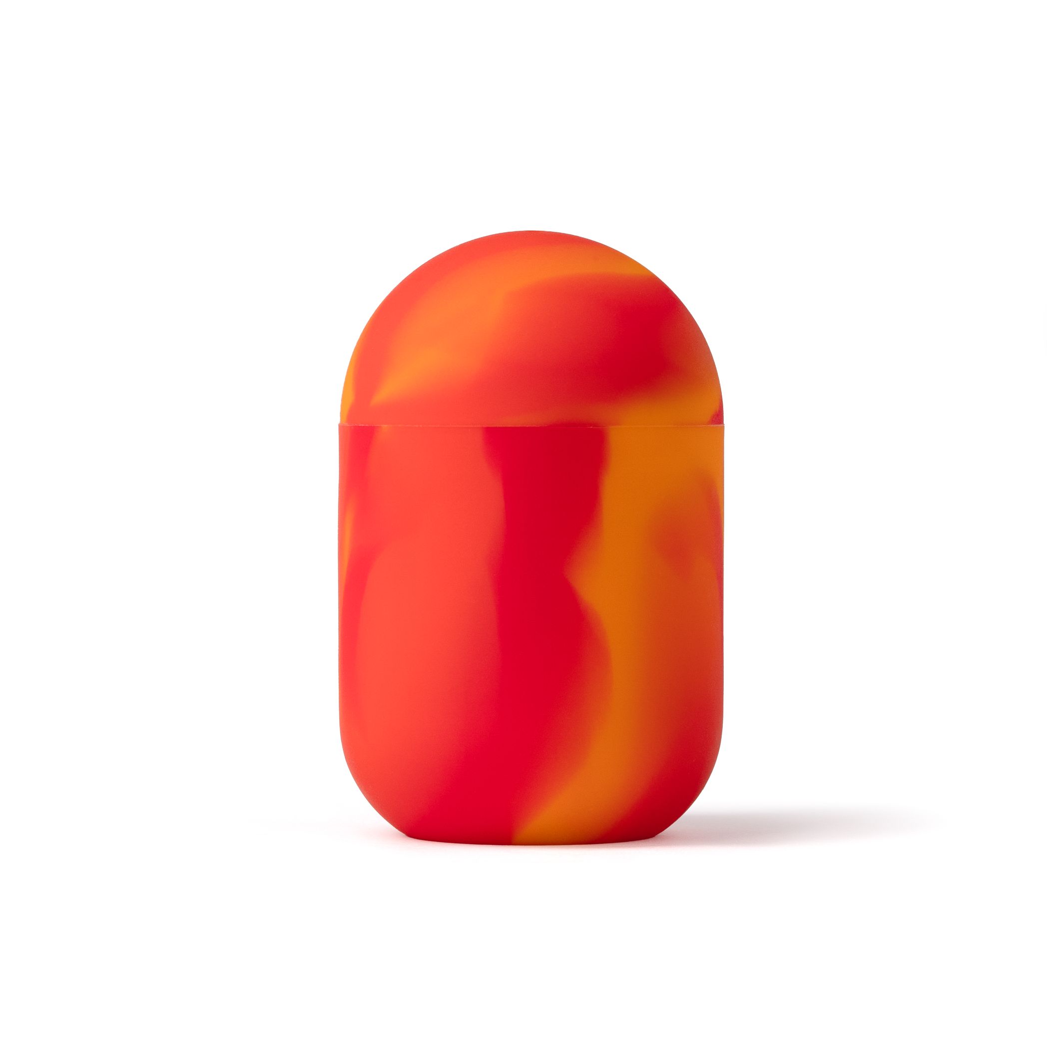 Geschlossener, rot-gelb-oranger Reinigungsbehälter. Abgerundete Form. Silikonmaterial.