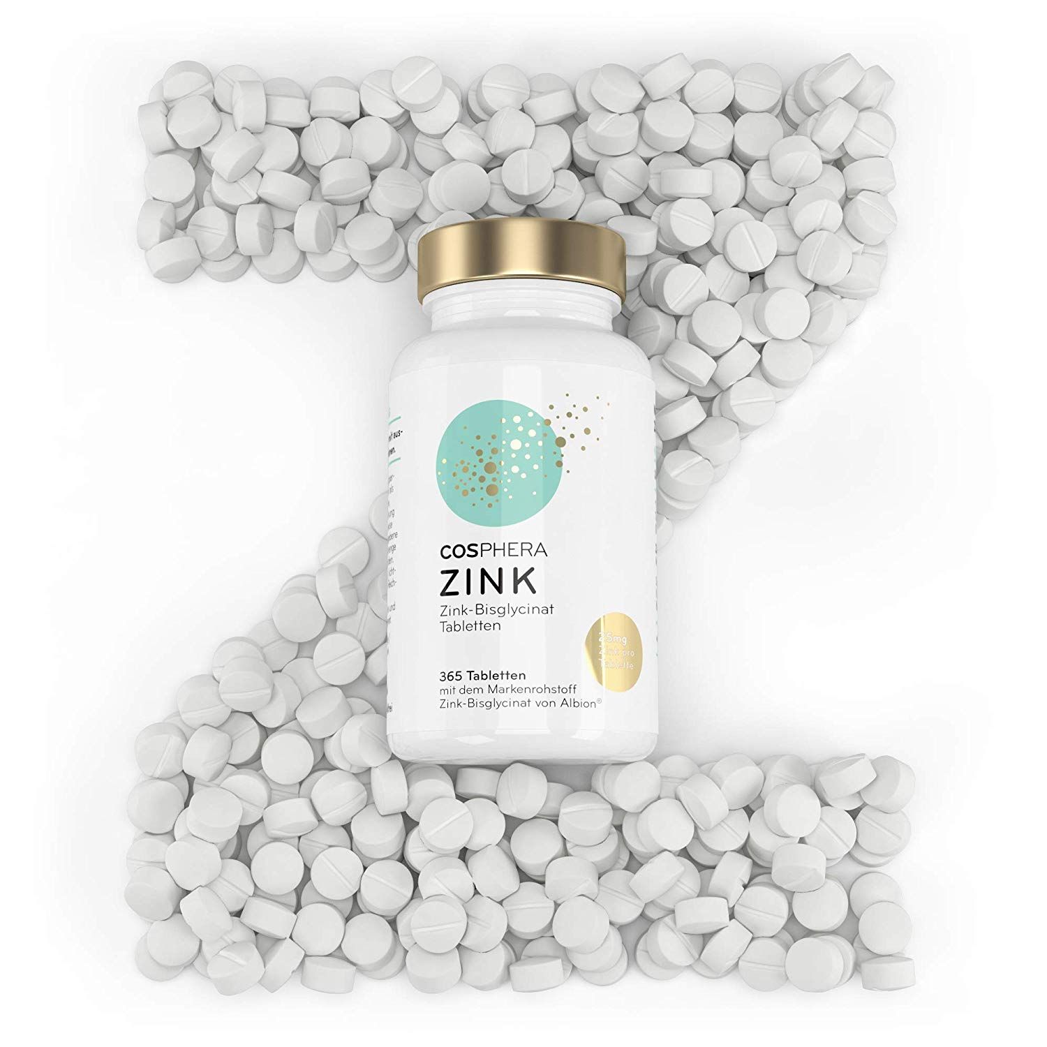 Cosphera Zink Tabletten: Flasche umgeben von vielen Tabletten, die eine Z-Form bilden.