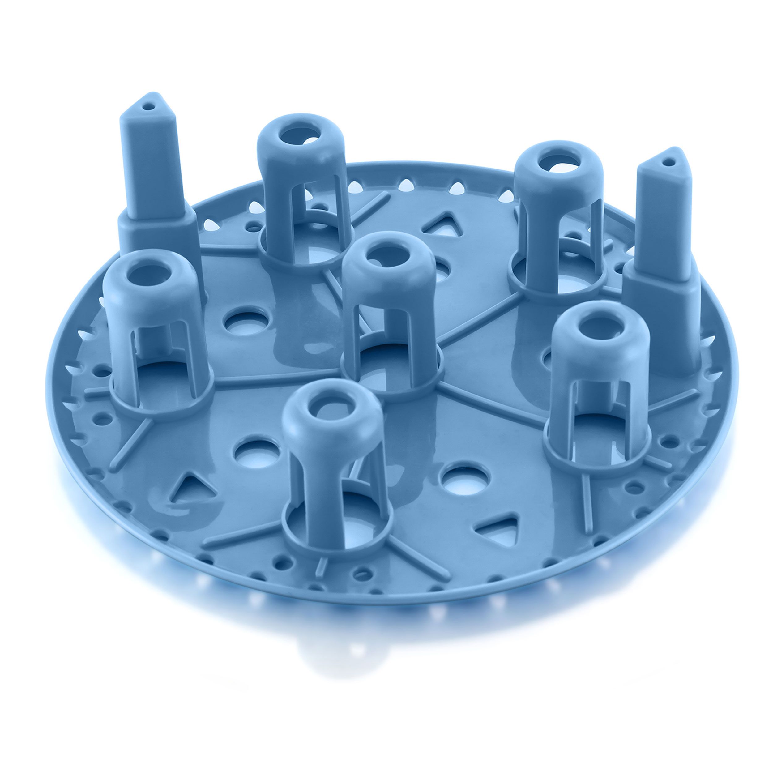Blaue Halterung für Flaschen. Runde Basis mit Halterungen für Flaschen.