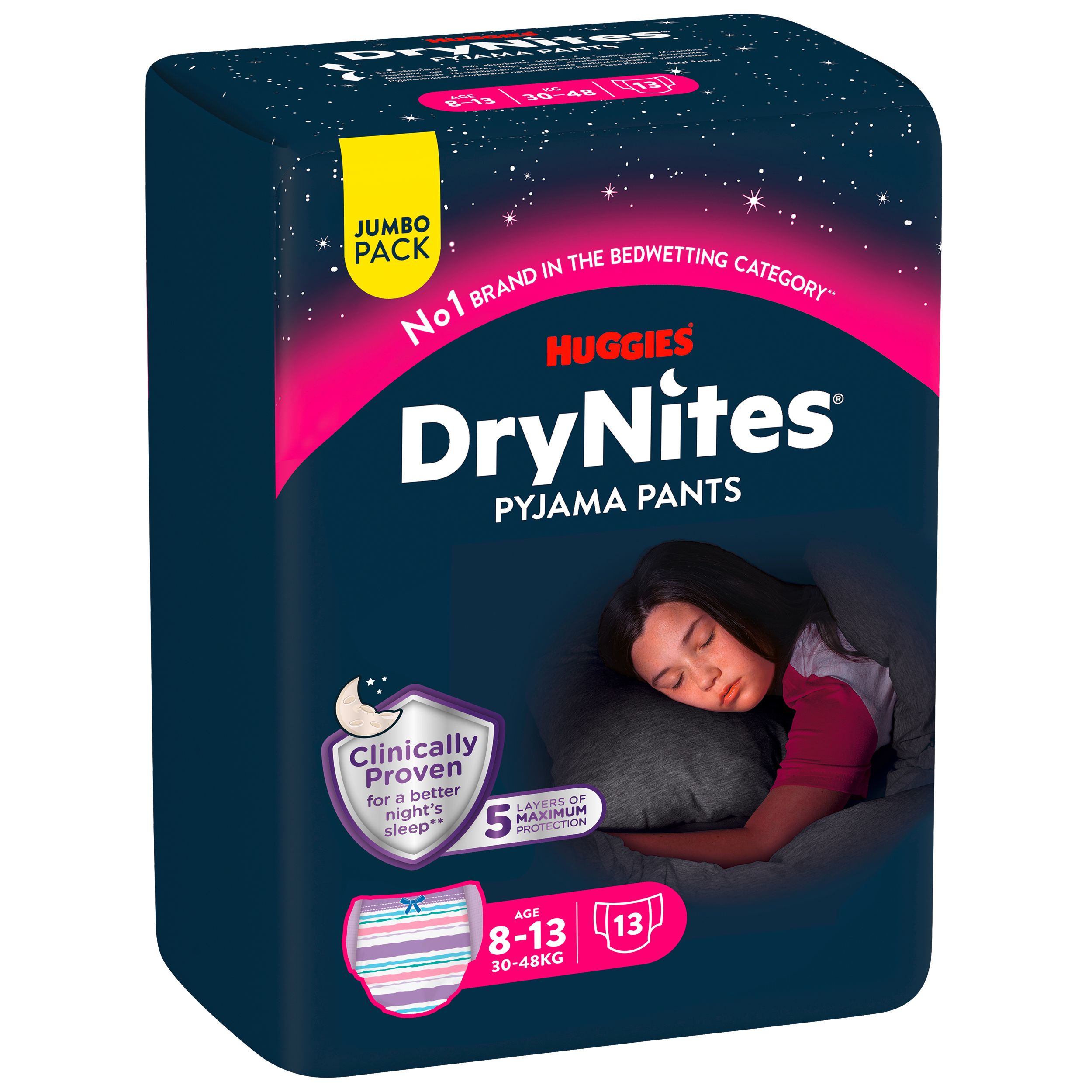 Huggies DryNites Pyjama Pants, Jumbo Pack. Für Mädchen 8-13 Jahre, 30-48 kg. 5-facher Schutz. Schlafendes Mädchen auf der Verpackung.