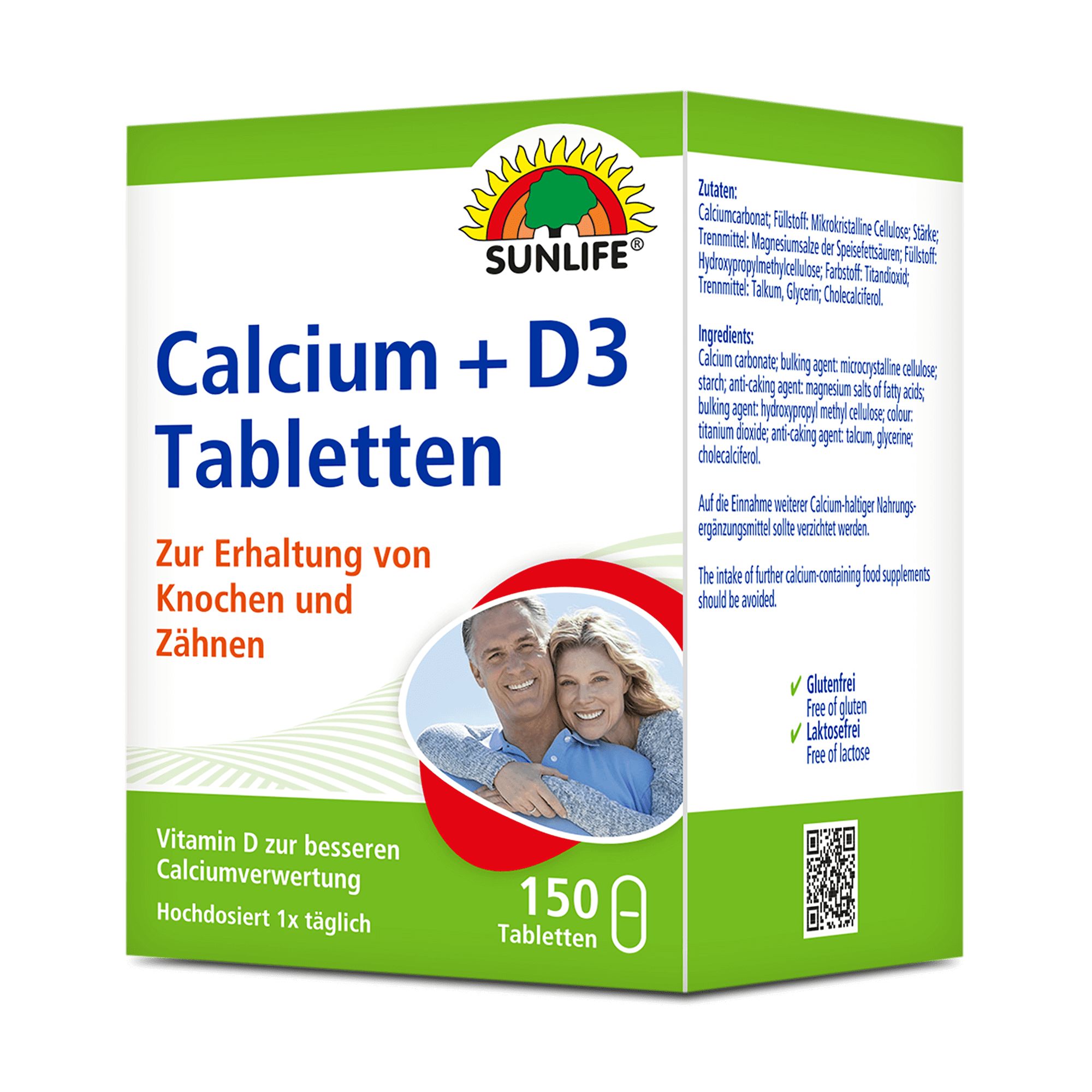 Grüne Schachtel mit SUNLIFE Calcium + D3 Tabletten. Enthält 150 Tabletten. Aufdruck: Zur Erhaltung von Knochen und Zähnen.