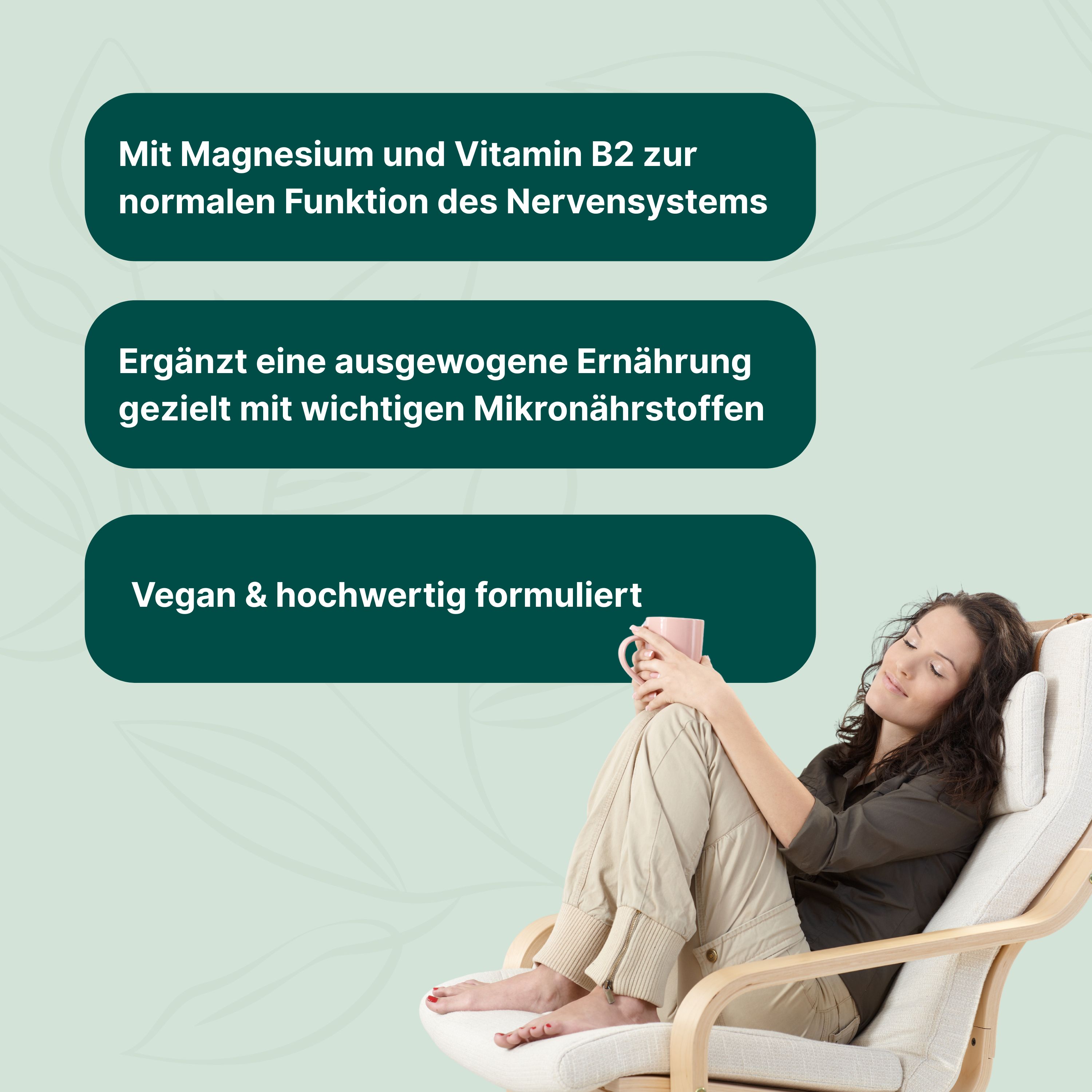 Frau entspannt sitzend, mit Texten über Nervensystem, Ernährung und vegane Formulierung.