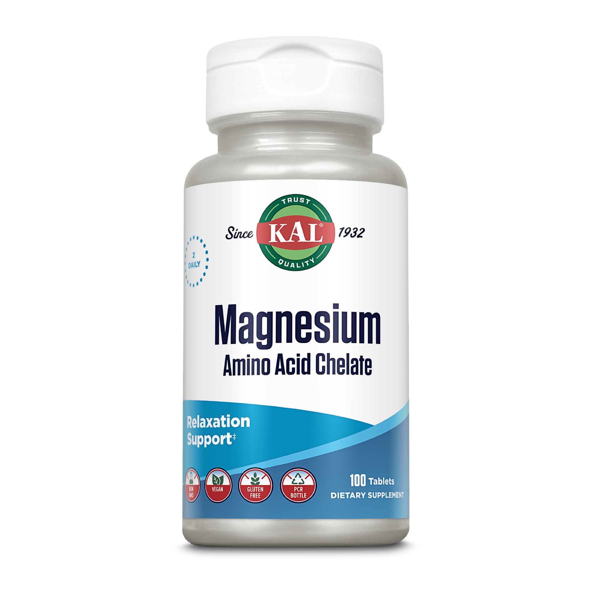 Magnesium Amino Acid Chelate Tablettenflasche. Text: 100 Tabletten, Dietary Supplement. KAL Logo.