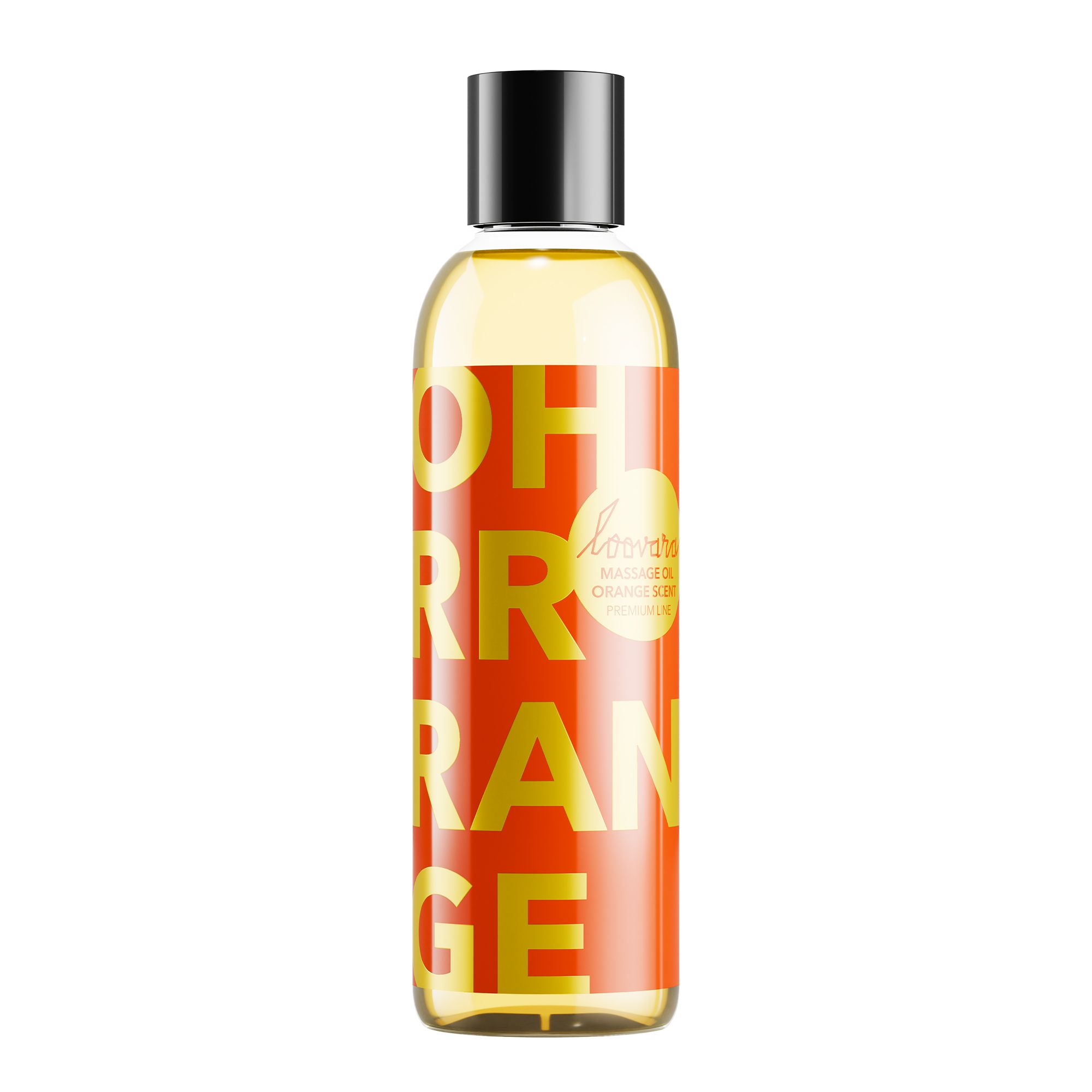 Flasche Loovara Oh Rrrange Massageöl mit orangefarbenem Etikett und gelber Schrift.