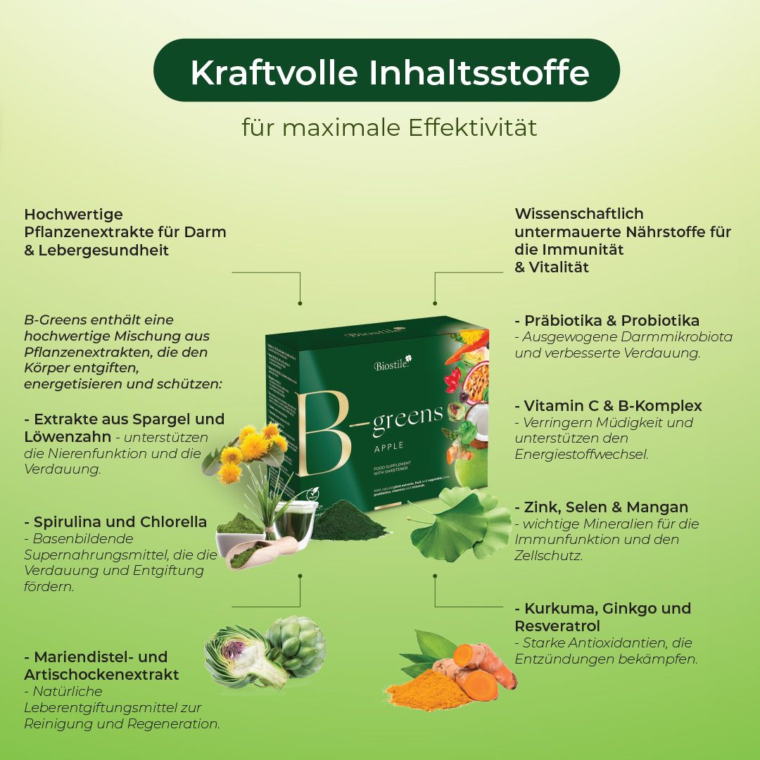 Grüne B-Greens Apple Box mit Zutaten wie Spargel, Löwenzahn, Spirulina, Chlorella, Mariendistel, Artischocke, Kurkuma und Ginkgo.