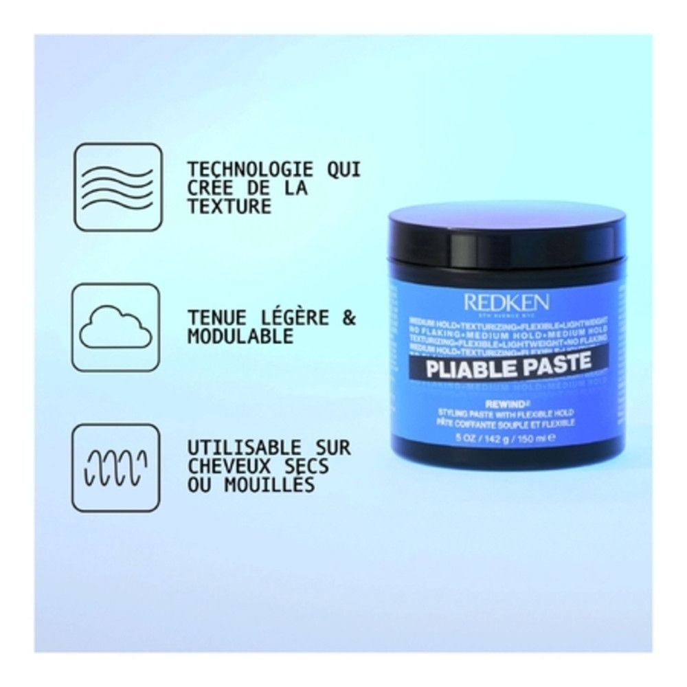 Redken Pliable Paste Stylingpaste in blauem Behälter mit schwarzem Deckel.
