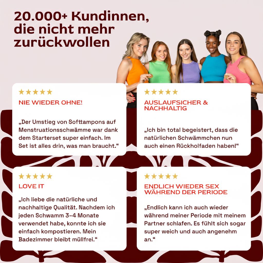 Text mit Kundenbewertungen. Sternebewertungen. Text: Nie wieder ohne!, Auslaufsicher & nachhaltig, Love it, Endlich wieder Sex während der Periode.