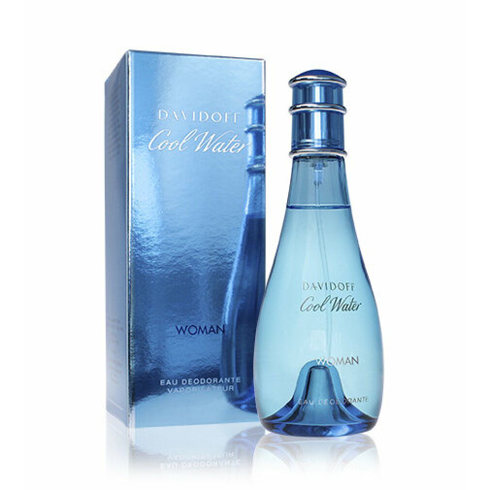 Blaue Flasche und Schachtel. Aufschrift: Davidoff Cool Water Woman. Flasche mit Sprühkopf. Hellblaue Schachtel.