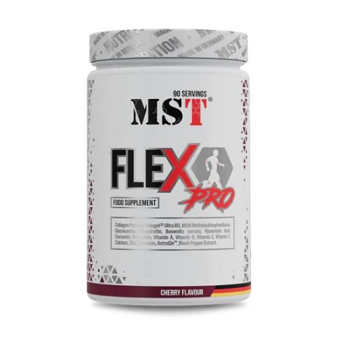 Weiße Dose mit roter und schwarzer Aufschrift MST Flex Pro. Kirschgeschmack. 90 Portionen. Deutscher Flaggenstreifen.