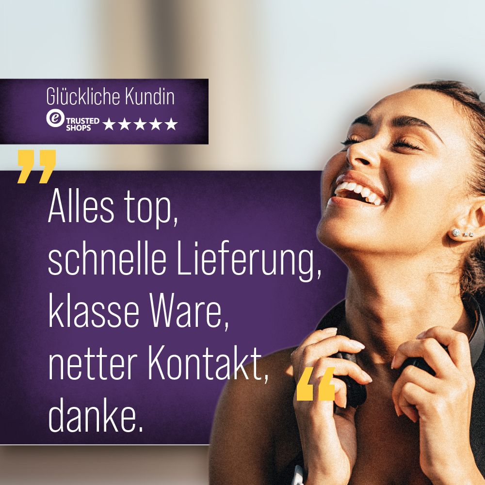 Lächelnde Frau mit Kopfhörern. Text: Alles top, schnelle Lieferung, klasse Ware, netter Kontakt, danke.