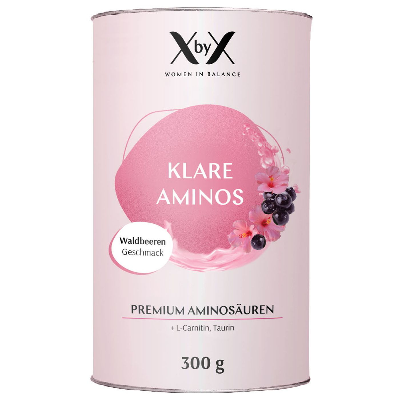 Dose mit Aufschrift "XbyX Klare Aminos". Geschmack: Waldbeeren. Enthält Premium Aminosäuren + L-Carnitin, Taurin.