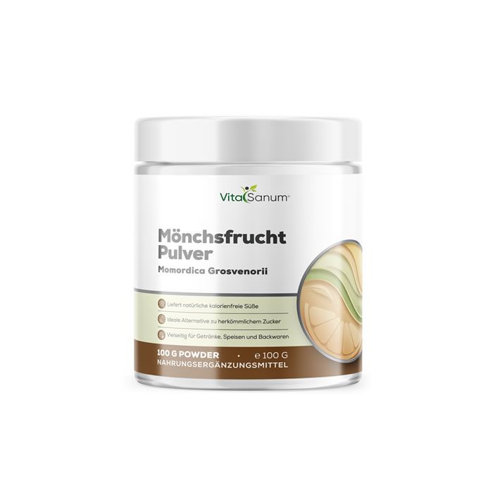 VitaSanum® Mönchsfrucht Pulver in Dose. Weißer Deckel, Etikett mit Produktinformationen und Illustration. 100g.