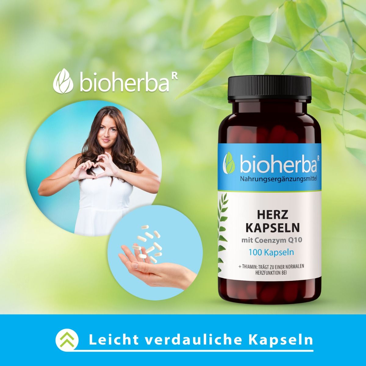 Braune Flasche Bioherba Herz Kapseln mit 100 Kapseln. Frau formt Herz. Leichte verdauliche Kapseln.