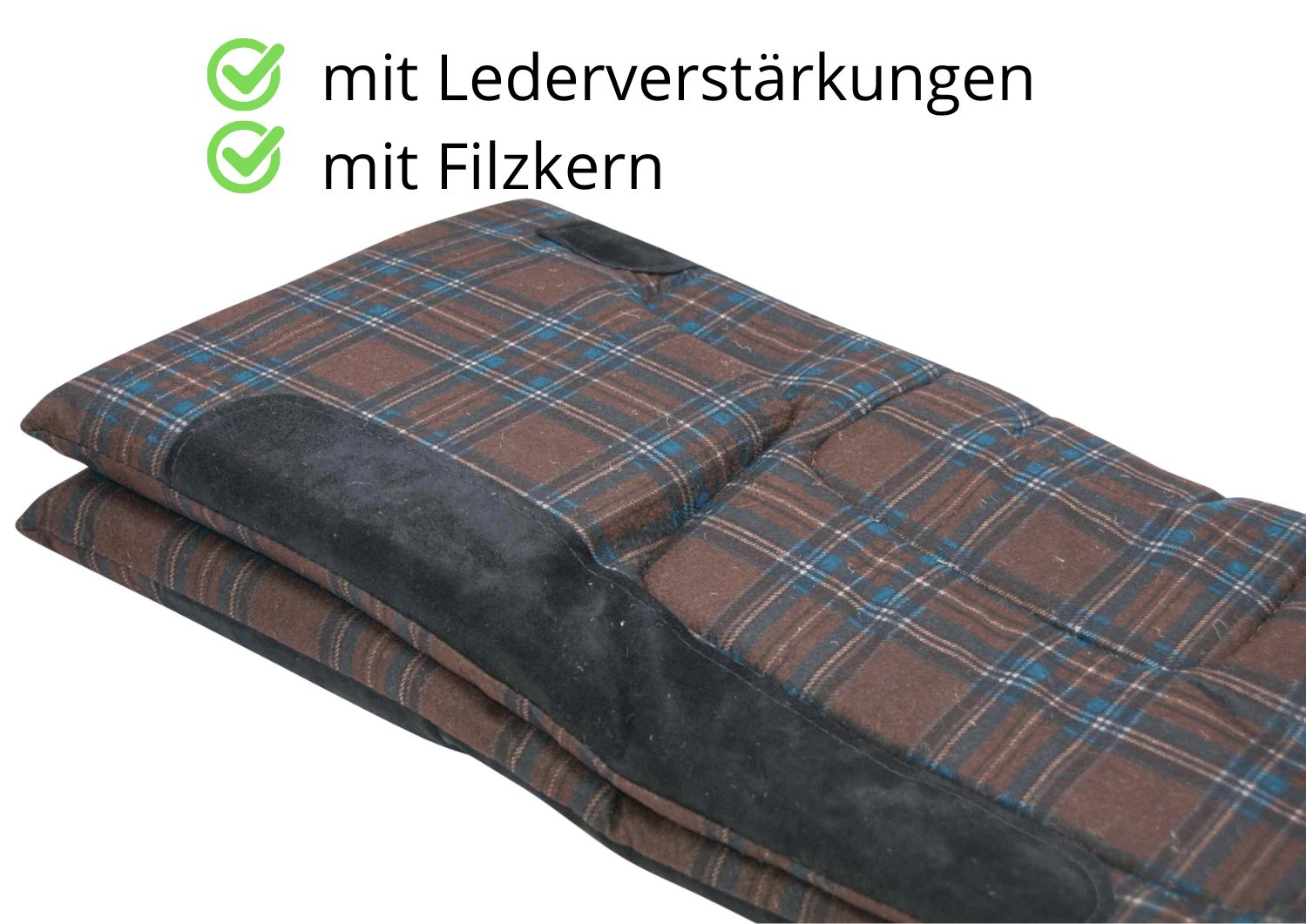 Western Pad Trascot Built Up. Braun-kariertes Pad mit Lederverstärkungen und Filzkern. Text.