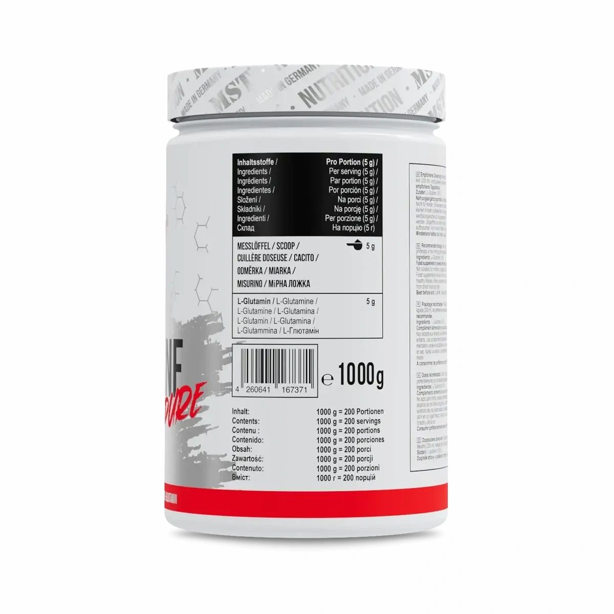 Rückseite des weißen Supplement-Behälters. Enthält Informationen zu Inhaltsstoffen und Nährwerten. 1000g.