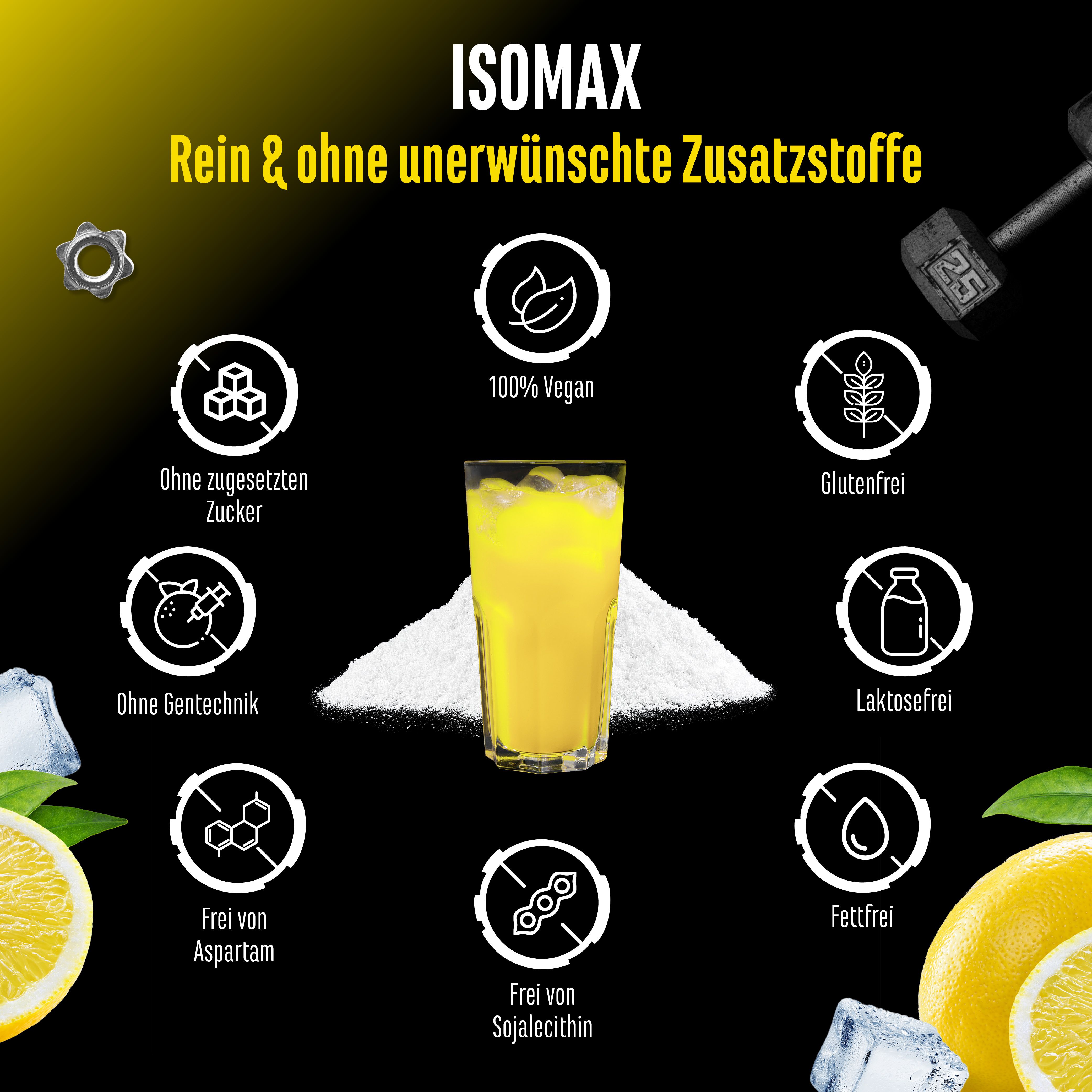 Werbebild mit Glas Getränk, Zitrone, Eiswürfeln und Hanteln. Text: Isomax, rein & ohne unerwünschte Zusatzstoffe, ohne Zucker, vegan, glutenfrei, fettfrei.