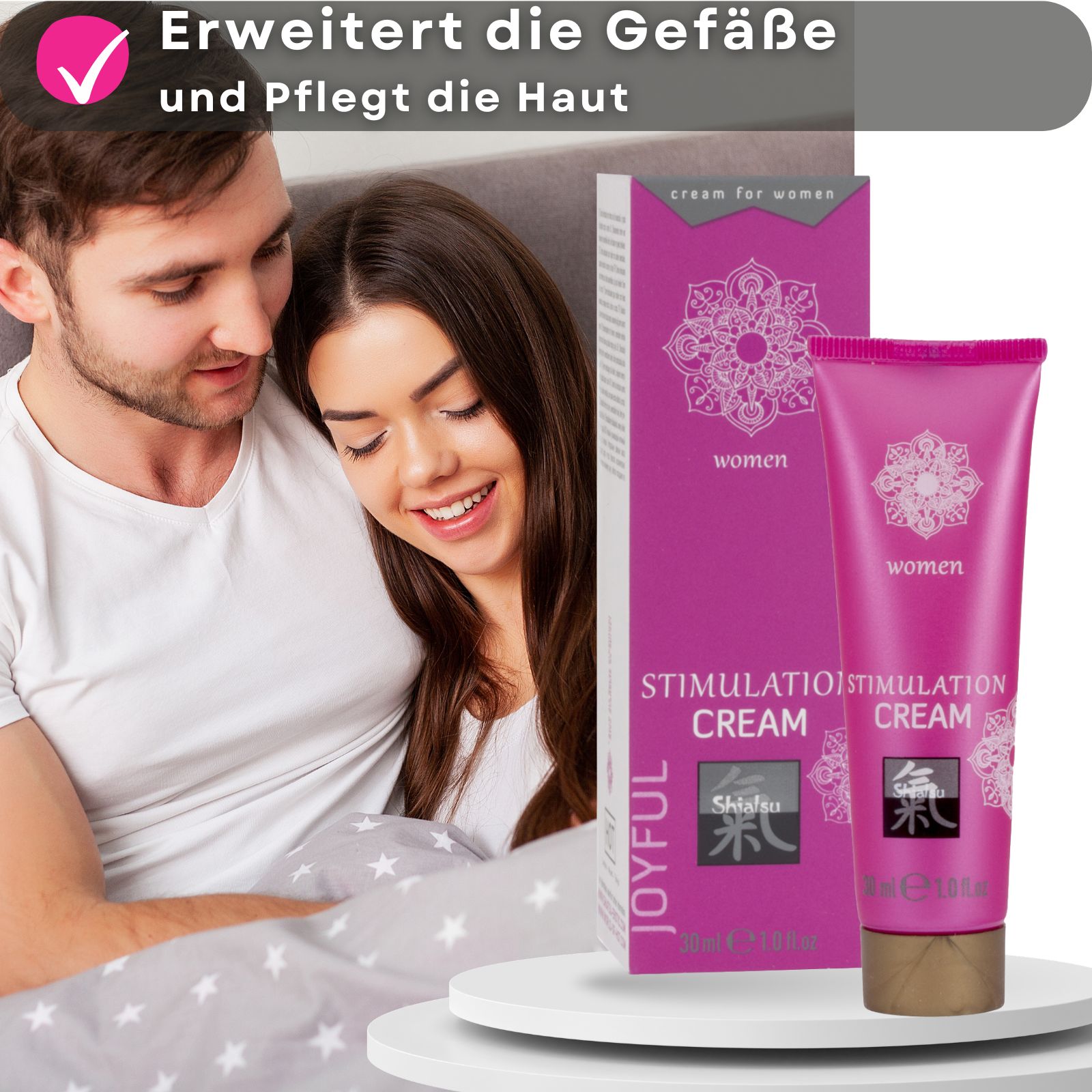 Schachtel und Tube. Text: Stimulation Cream, Shiatsu, Joyful, 30ml. Paar im Hintergrund.